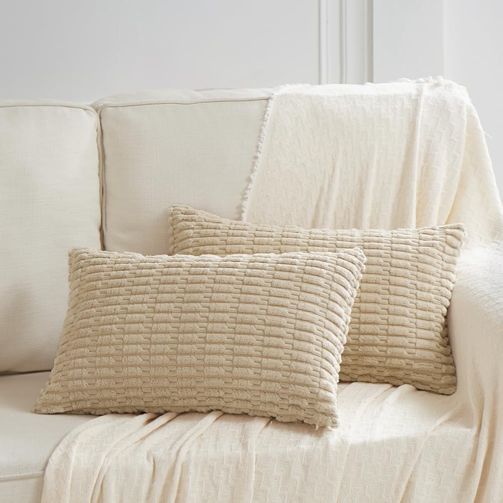 Fancy Homi 4 Packs Neutral Decorative Throw Pillow Covers 18x18 Inch for Living Room Couch Bed Sofa, Rustic Farmhouse Boho Home Decor, Soft Plush Striped Corduroy Square Cushion Case 45x45 cm