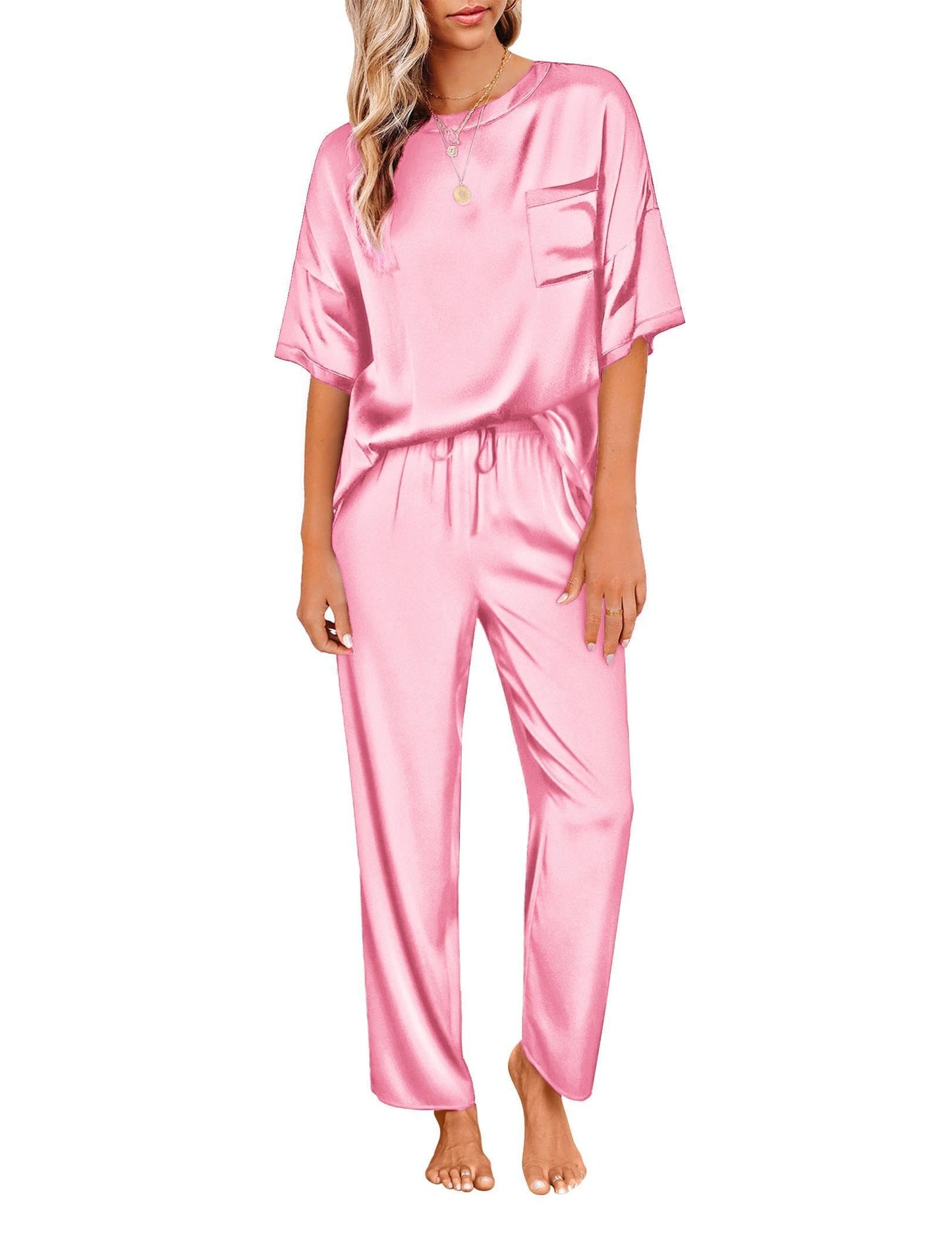 Ekouaer Womens Satin Silky Pajama Set Short Sleeve Shirt with Long Pajama Pant Set Soft PJ Loungewear