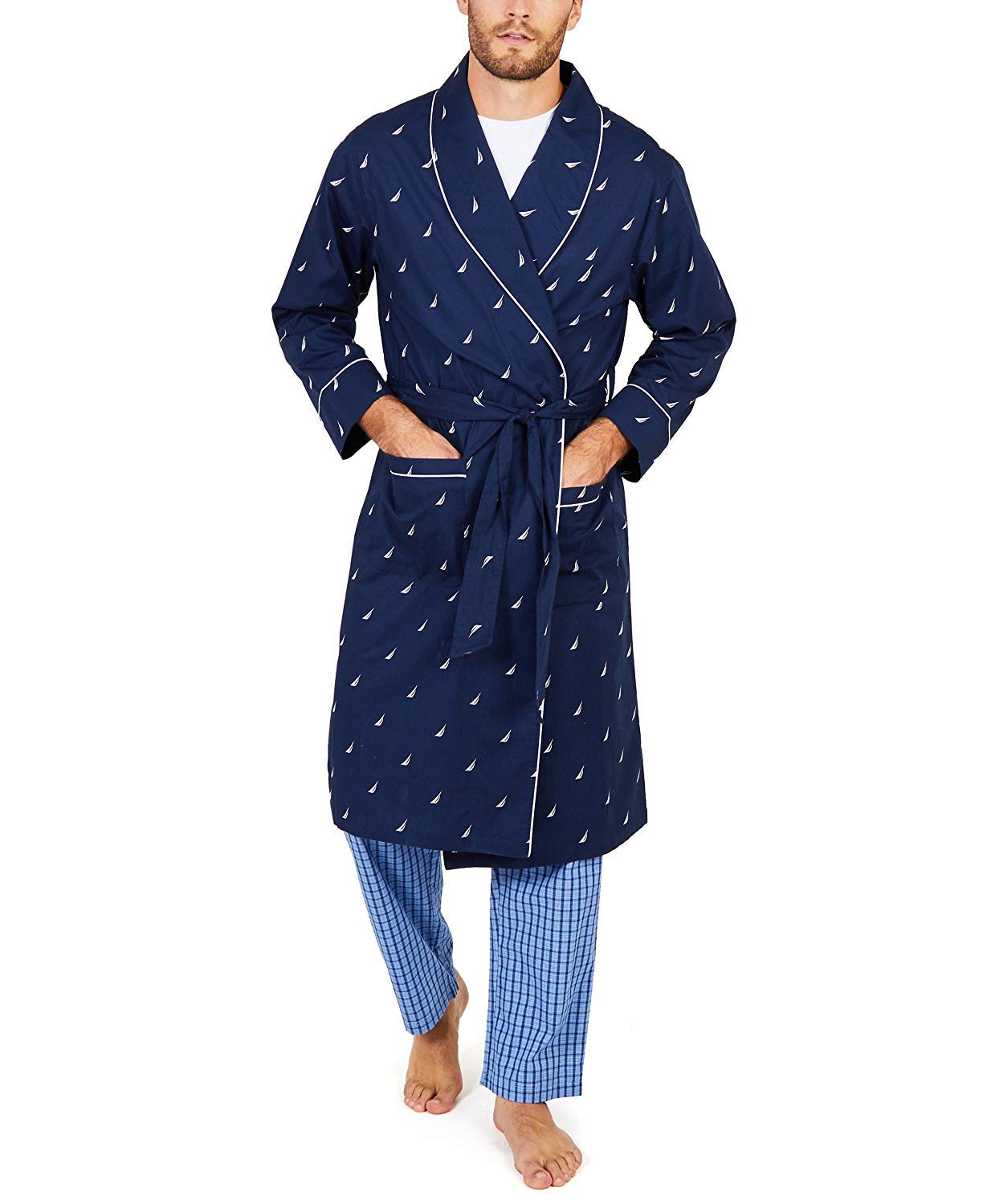 Nautica mens Long-sleeve Lightweight Cotton Woven-robe Bathrobe