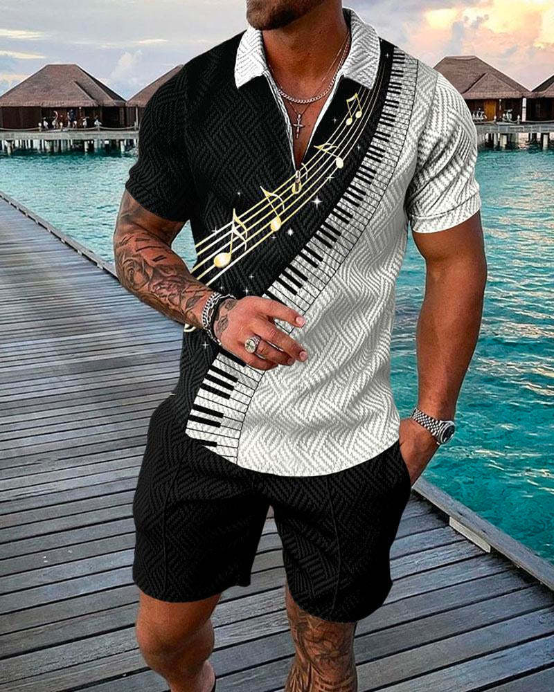 Men's Summer Fashion 3D Printed Short Sleeve Geometric Zip Lapel Shirt Set