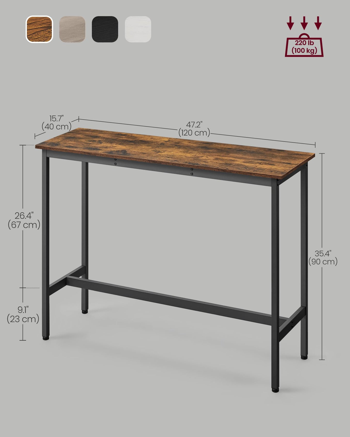 VASAGLE Bar Table, Narrow Long Bar Table, Kitchen Dining Table, High Pub Table, Sturdy Metal Frame, Industrial Design, 15.7 x 39.4 x 35.4 Inches, Rustic Brown and Ink Black ULBT10X