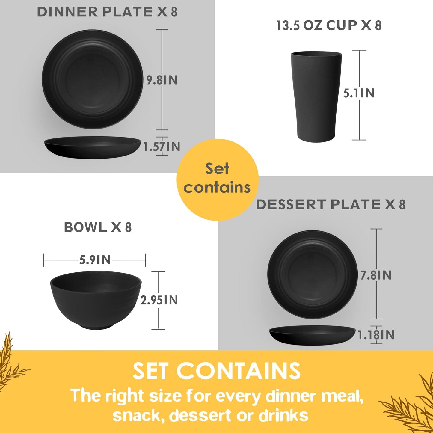 Teivio 32-Piece Kitchen Plastic Wheat Straw Dinnerware Set, Service for 8, Dinner Plates, Dessert Plate, Cereal Bowls, Cups, Unbreakable Colorful Plastic Outdoor Camping Dishes, Black