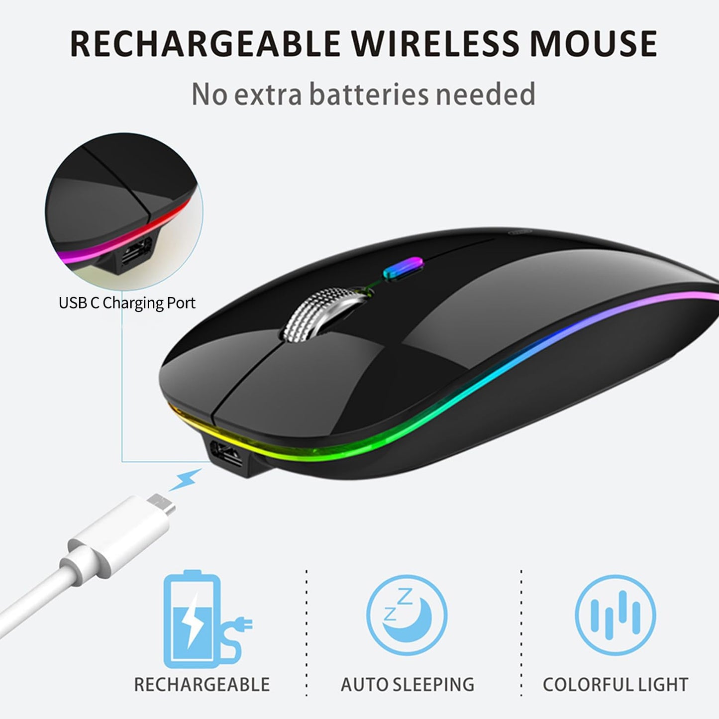 Uiosmuph LED Wireless Mouse, G12 Slim Rechargeable Silent Mouse, 2.4G Portable USB Optical Computer Mice with USB Receiver and Type C Adapter (Matte Black)