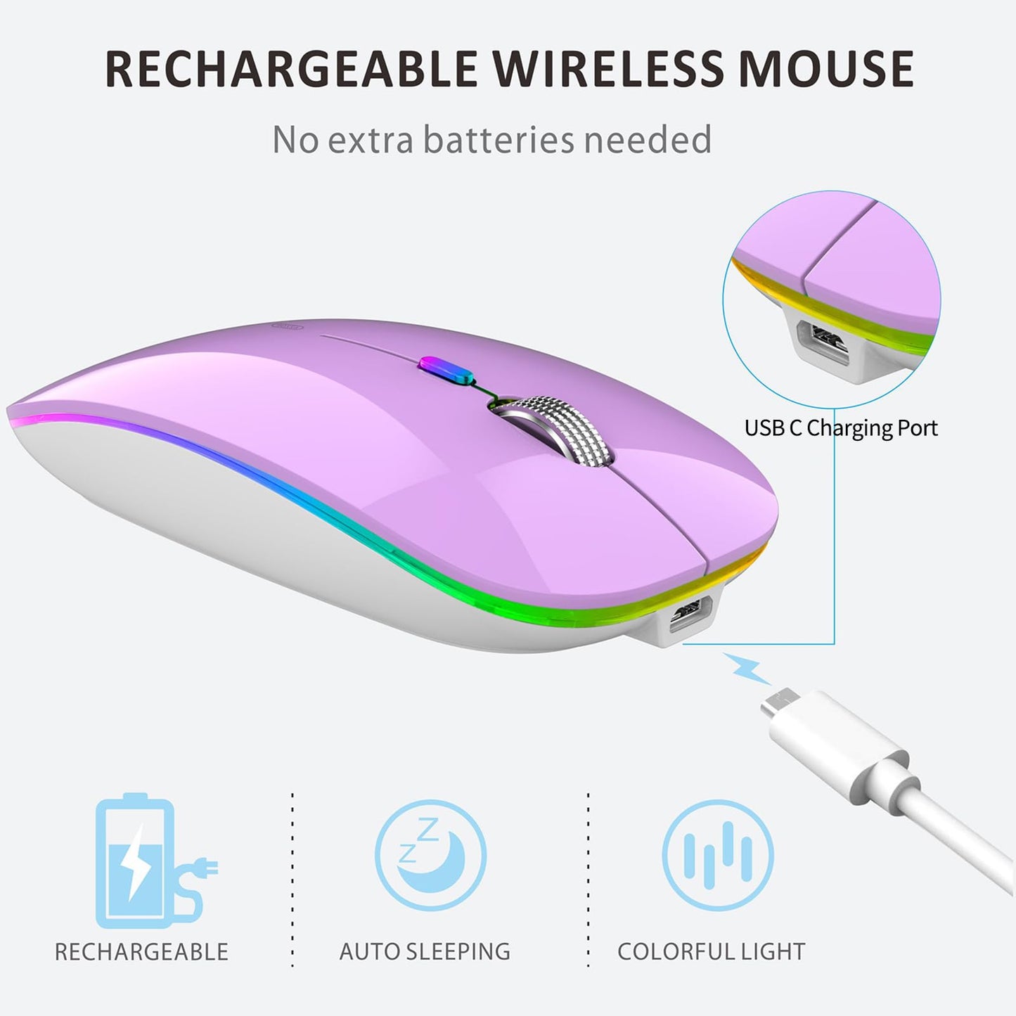 Uiosmuph LED Wireless Mouse, G12 Slim Rechargeable Silent Mouse, 2.4G Portable USB Optical Computer Mice with USB Receiver and Type C Adapter (Matte Black)