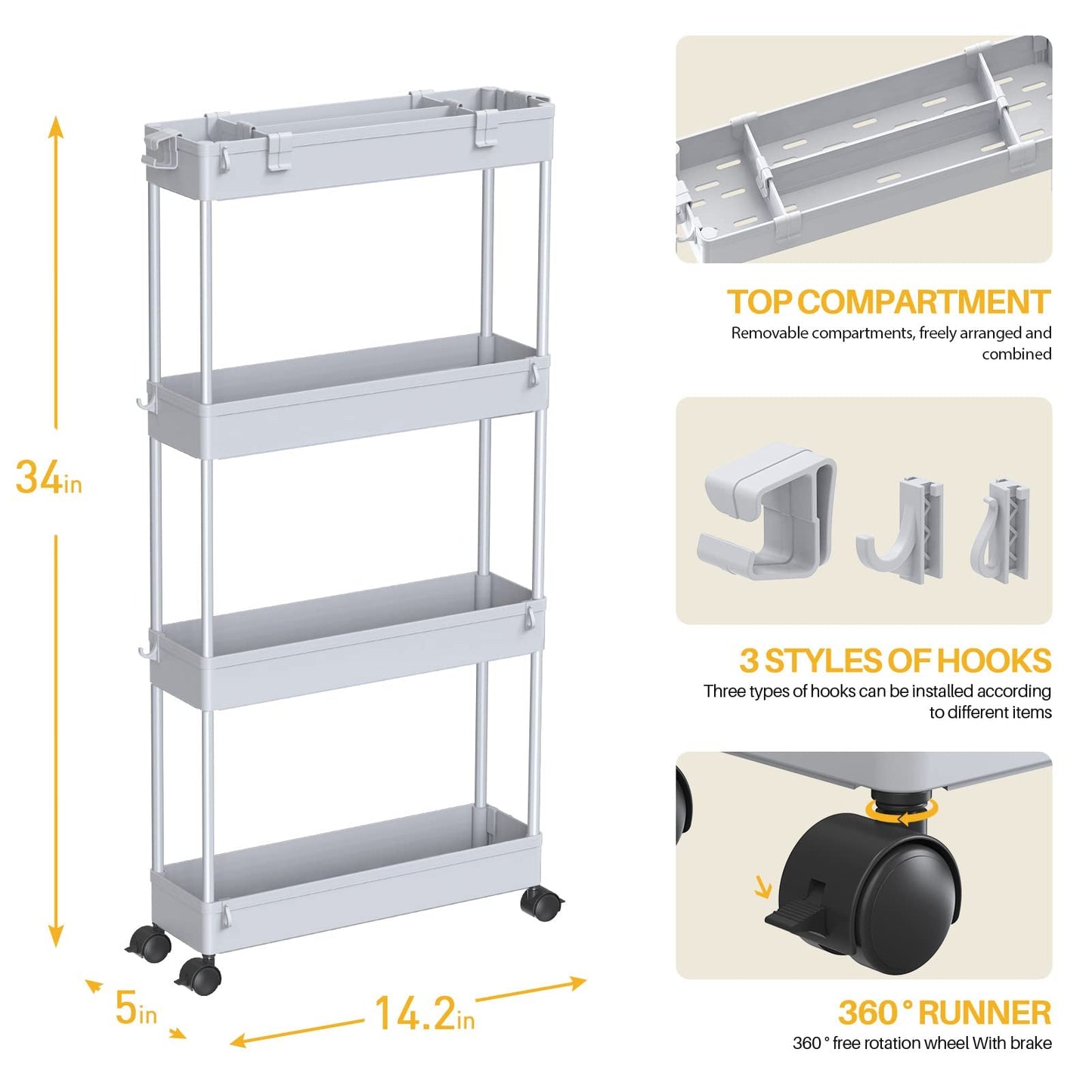 SPACELEAD Slim Storage Cart 4 Tier, Storage Organizer Rolling Utility/ Mobile Shelving Unit Slide Out Storage Cart for Office, Bathroom, Kitchen, Laundry Room & Narrow Places， Black