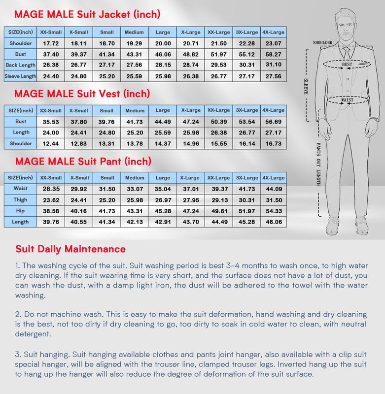 MAGE MALE Men's Slim Fit 3 Piece Suit One Button Solid Shawl Lapel Blazer Jacket Vest Pants Set with Tie Pocket Square