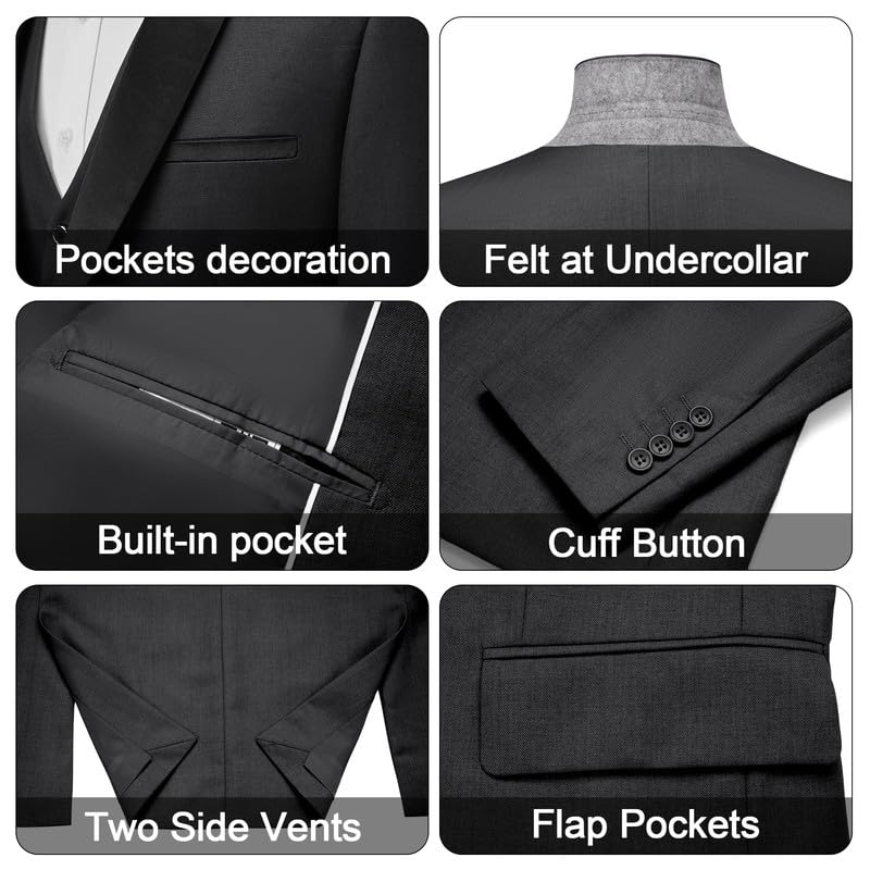 MAGE MALE Men's Slim Fit 3 Piece Suit One Button Solid Shawl Lapel Blazer Jacket Vest Pants Set with Tie Pocket Square