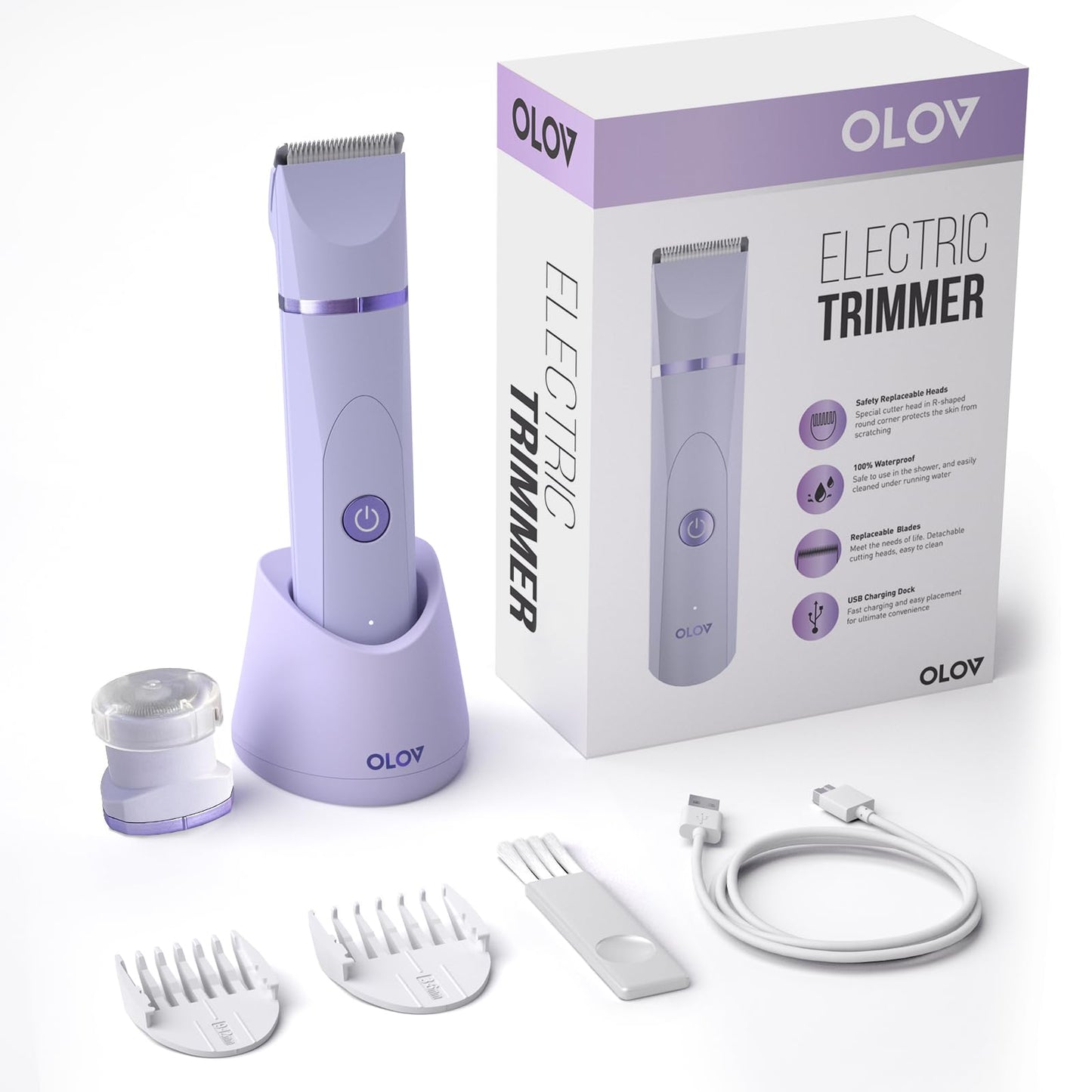 OLOV Bikini Trimmer Women - Wet/Dry Body Shaver Groomer, Replaceable Ceramic Blade Heads, USB Recharge Dock & Nosetrimmer Head Heads, Waterproof Male Hygiene Razor, White