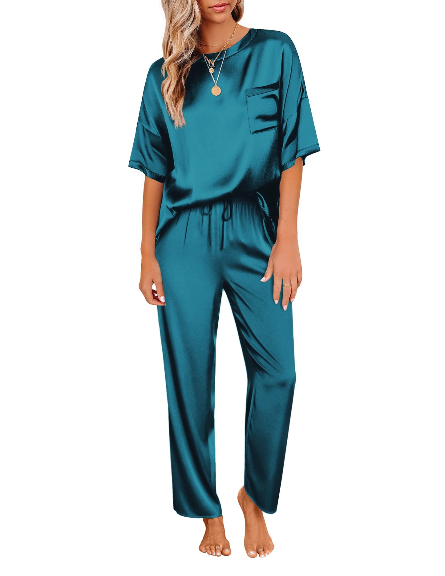 Ekouaer Womens Satin Silky Pajama Set Short Sleeve Shirt with Long Pajama Pant Set Soft PJ Loungewear