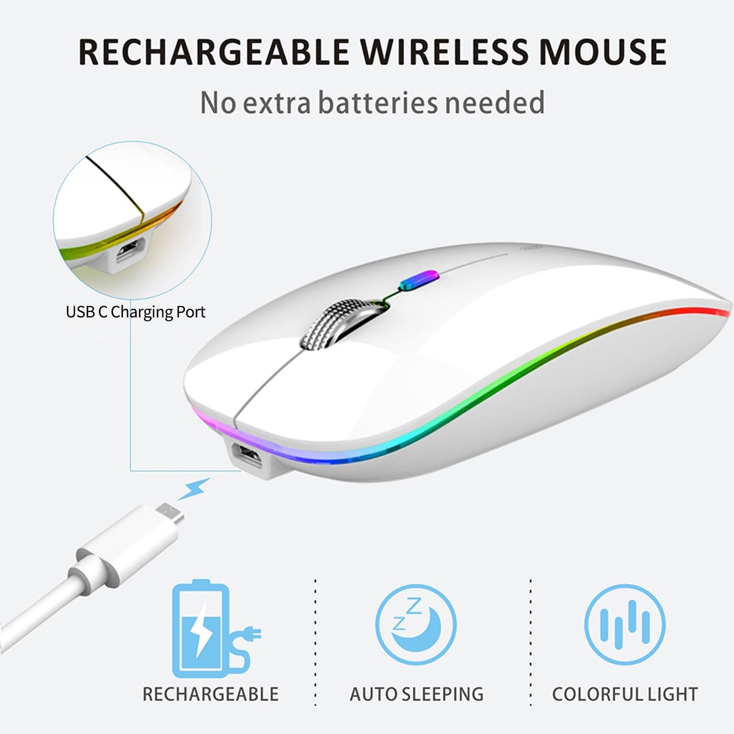 Uiosmuph LED Wireless Mouse, G12 Slim Rechargeable Silent Mouse, 2.4G Portable USB Optical Computer Mice with USB Receiver and Type C Adapter (Matte Black)