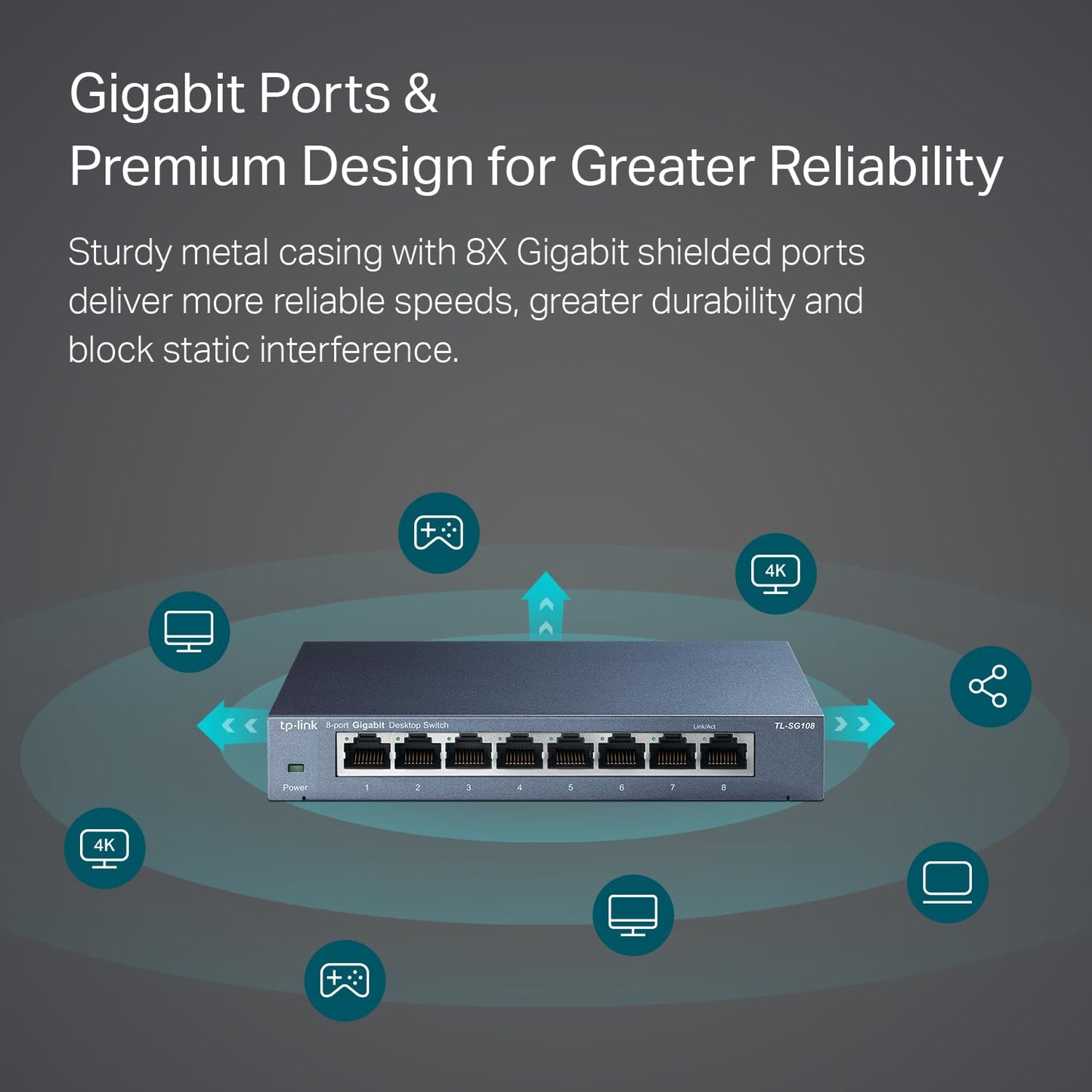 TP-Link TL-SG108 8 Port Gigabit Unmanaged Ethernet Network Switch, Ethernet Splitter Plug & Play Fanless Metal Design Shielded Ports Traffic Optimization