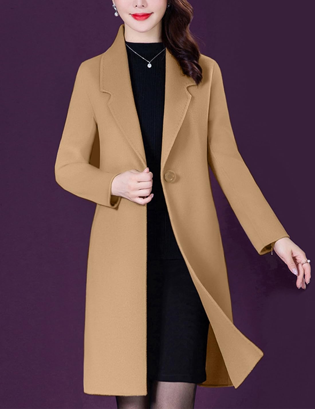 Bankeng Women Winter Wool Blend Camel Mid-Long Coat Notch Double-Breasted Lapel Jacket Outwear