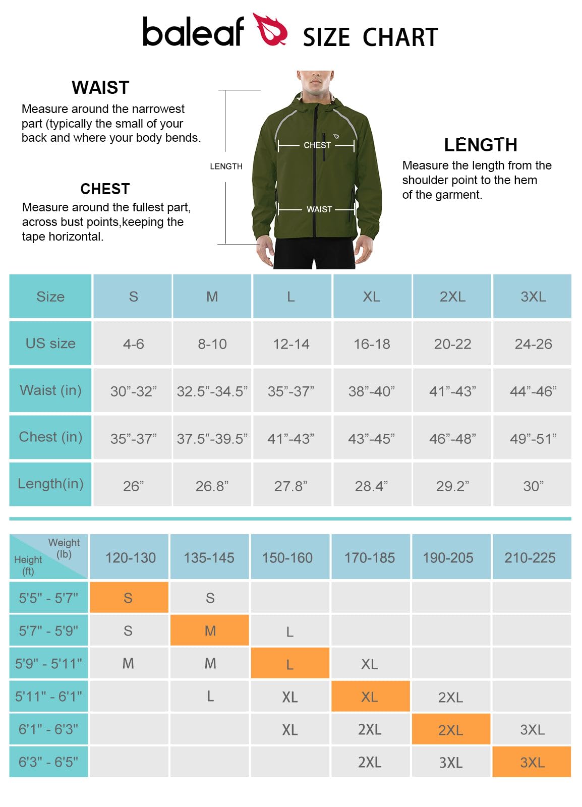 BALEAF Men's Rain Jacket Waterproof Windbreaker Running Cycling Golf Hiking Gear Hood Lightweight Reflective Packable