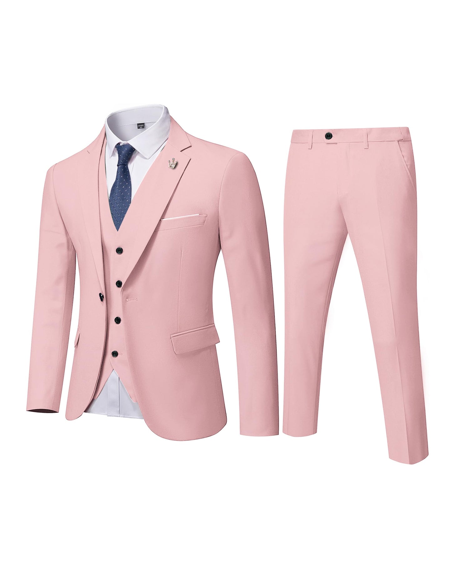 MYS Men's 3 Piece Slim Fit Suit Set, One Button Solid Jacket Vest Pants with Tie