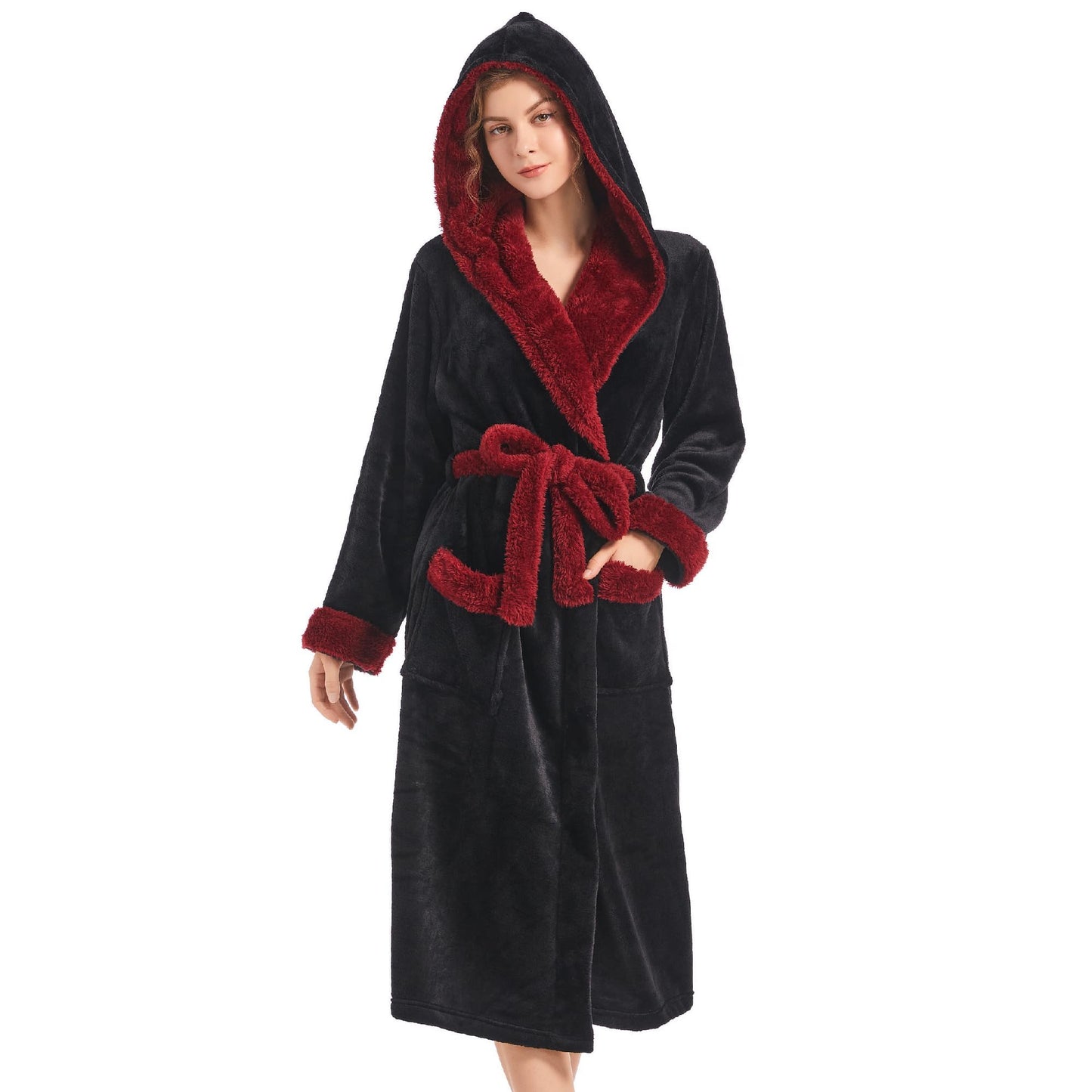 Inner Wish Women Hooded Plush Robe, Fleece Cozy Warm Bathrobe