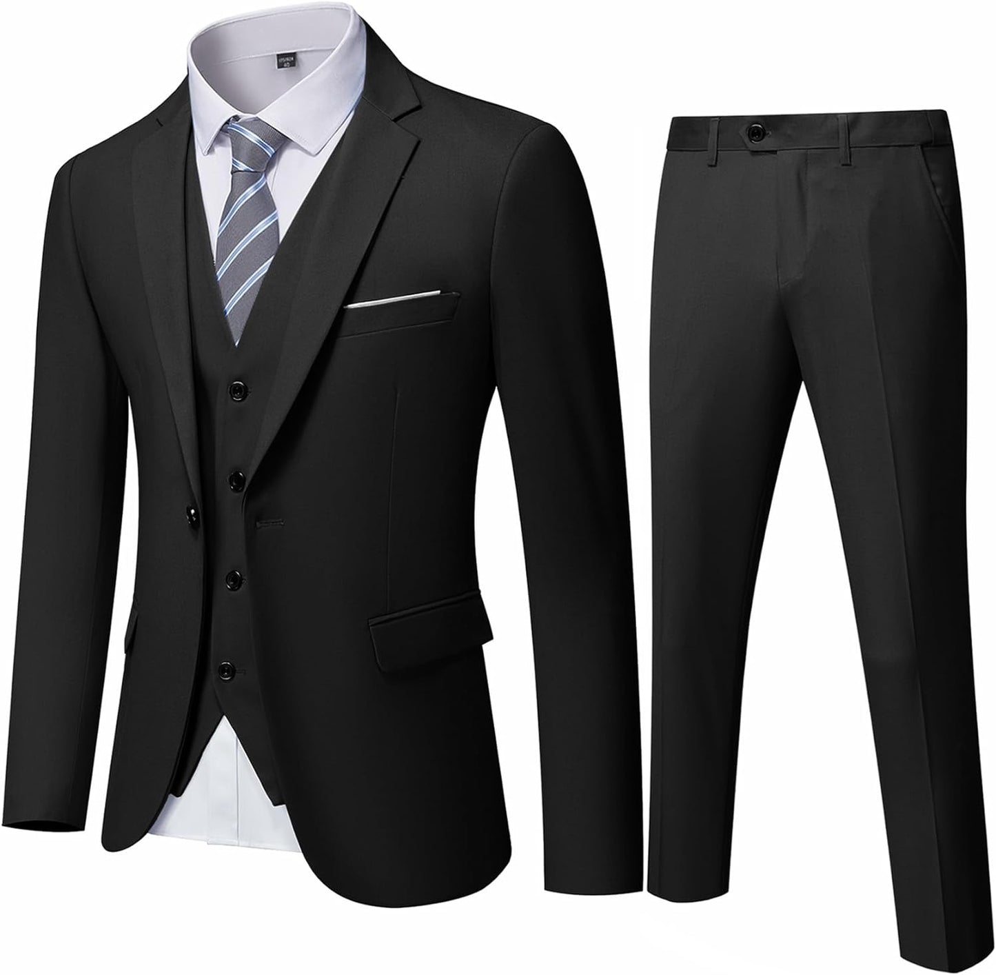 YND Men's Slim Fit 3 Piece Suit, One Button Solid Jacket Vest Pants Set with Tie