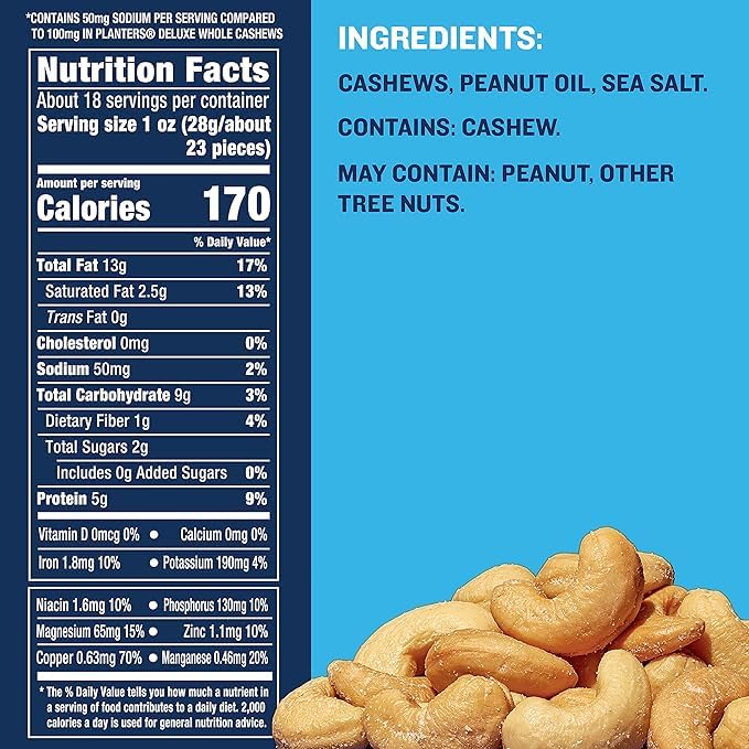 PLANTERS Deluxe Lightly Salted Whole Cashews, Party Snacks, Plant-Based Protein, Quick Snack for Adults, After School Snack, Roasted Cashew, Flavored with Sea Salt, Kosher, 1lb 2.25oz Canister