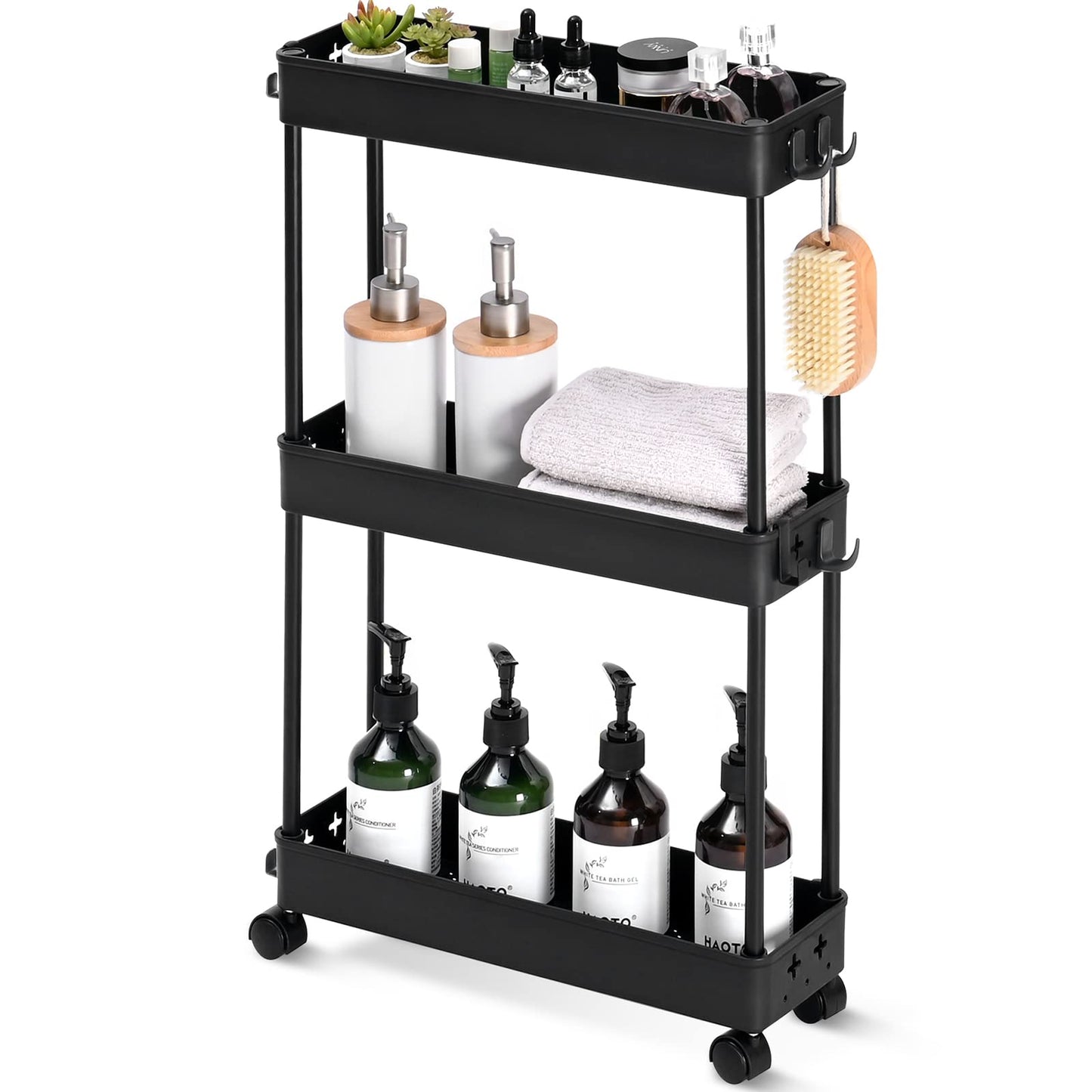 KINGRACK Slim Storage Cart,3 Tier Bathroom Rolling Utility Cart Storage Organizer Slide Out Cart for Office Kitchen Laundry Room Narrow Places,Black