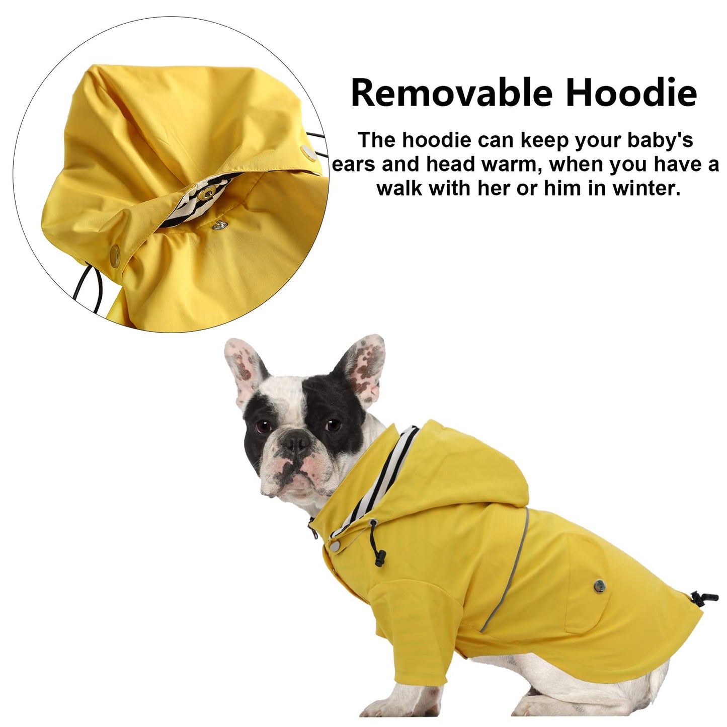 Dog Zip Up Dog Raincoat with Reflective Buttons, Rain/Water Resistant, Adjustable Drawstring, Removable Hood, Dog Raincoats with Legs 8lbs to 80lbs Available Yellow M