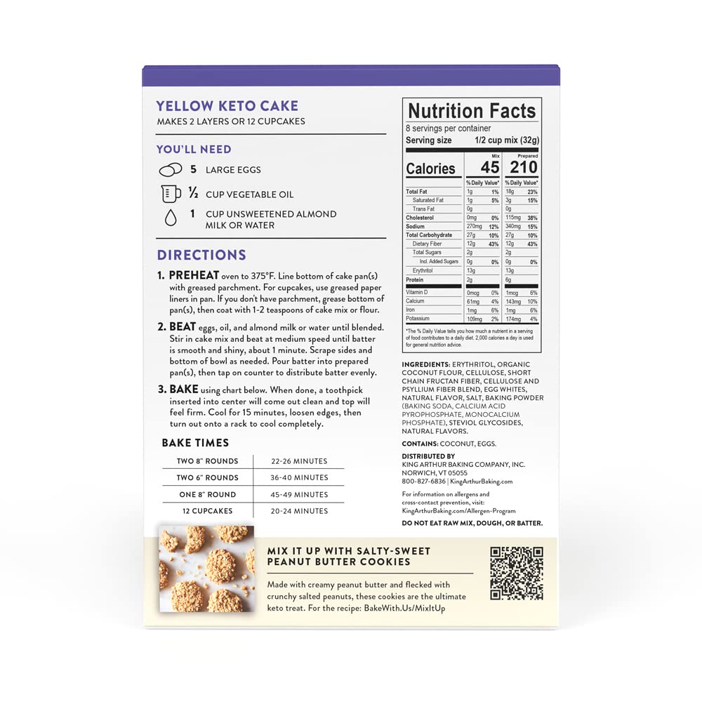 King Arthur Baking Keto Cake Mix, Yellow, 2g Net Carbs 0g Added Sugar Per Serving, Low Carb & Keto Friendly, 9oz, White