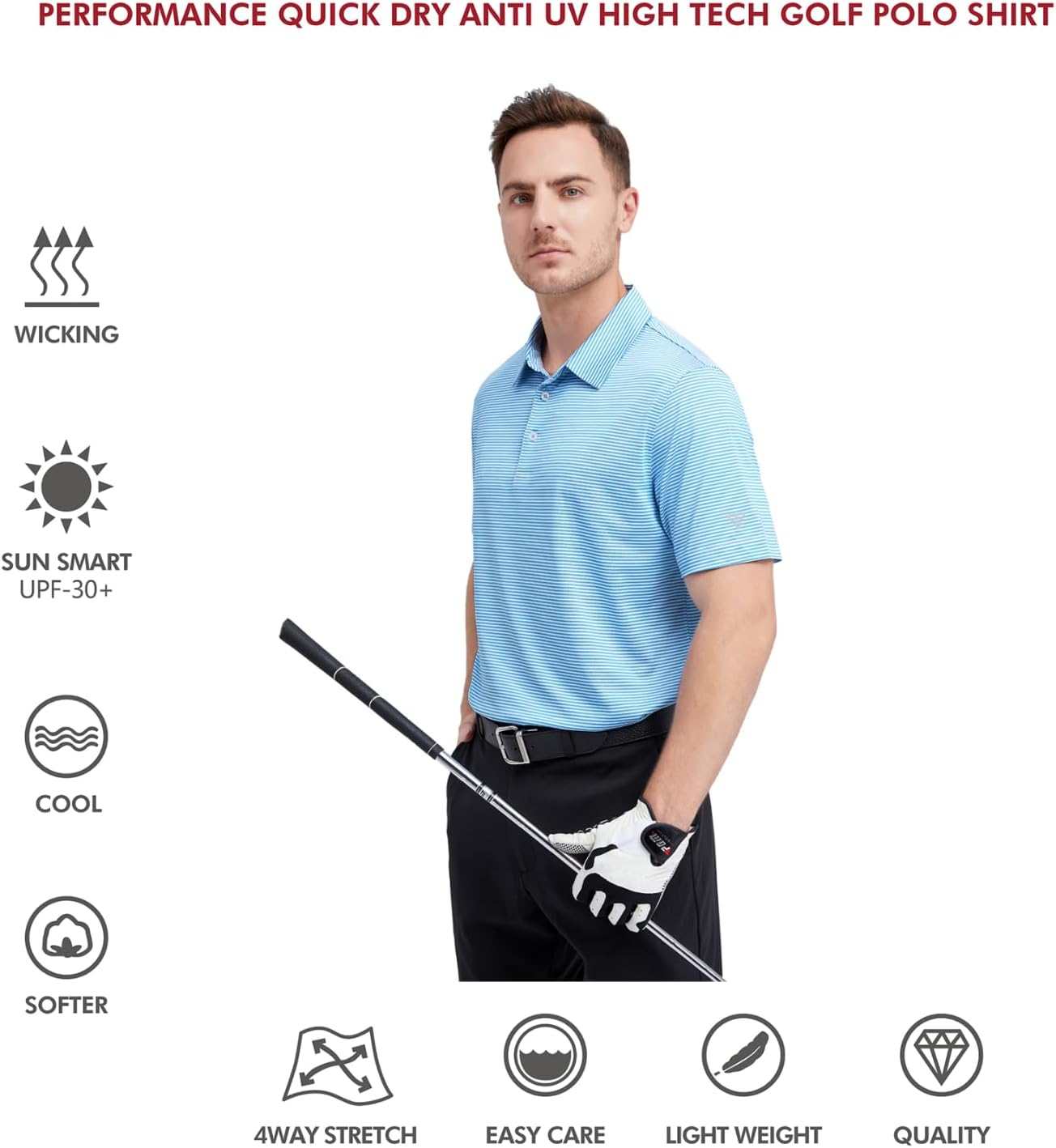 Men's Golf Polo Shirts Short Sleeve Striped Performance Moisture Wicking Dry Fit Golf Shirts for Men