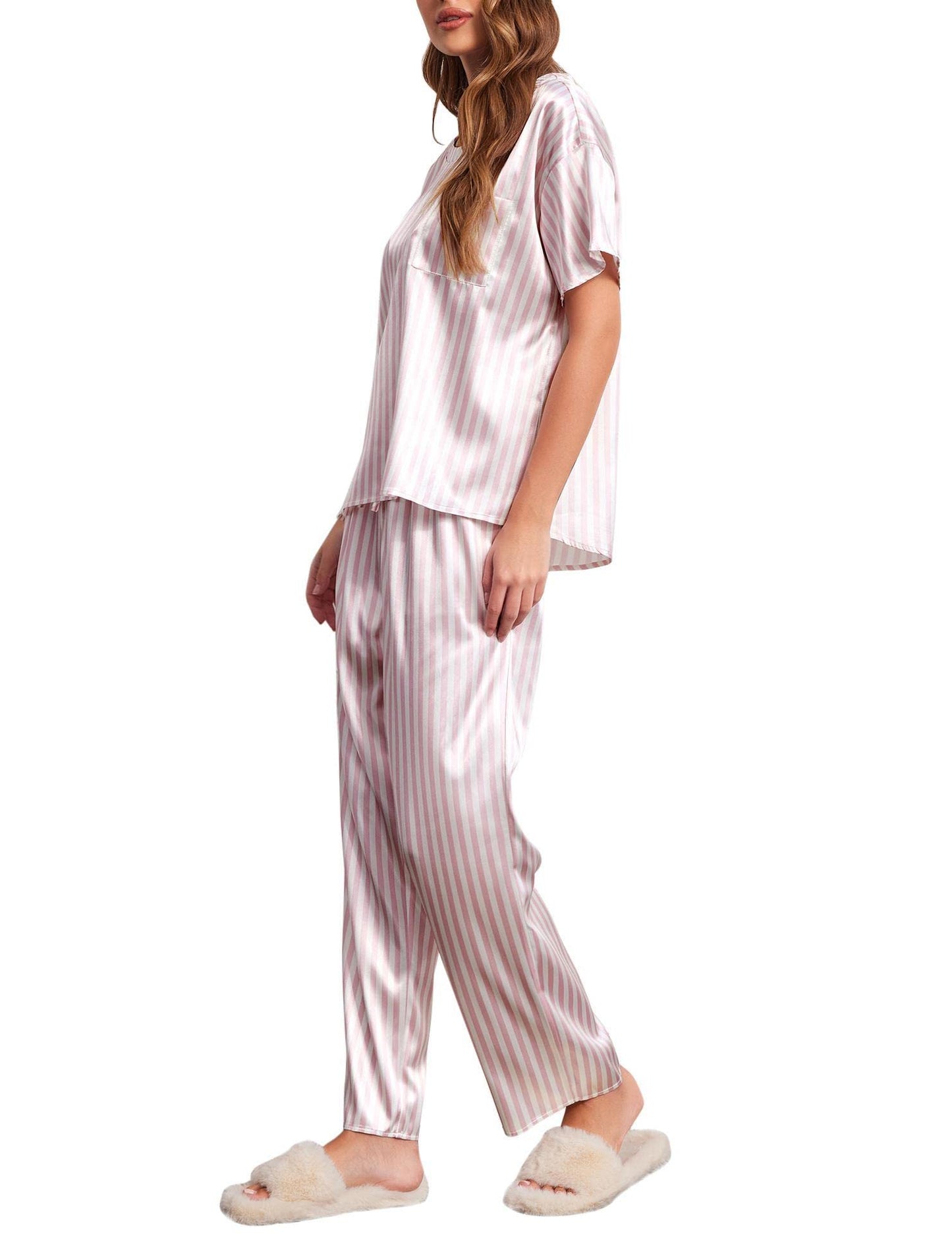 Ekouaer Womens Satin Silky Pajama Set Short Sleeve Shirt with Long Pajama Pant Set Soft PJ Loungewear