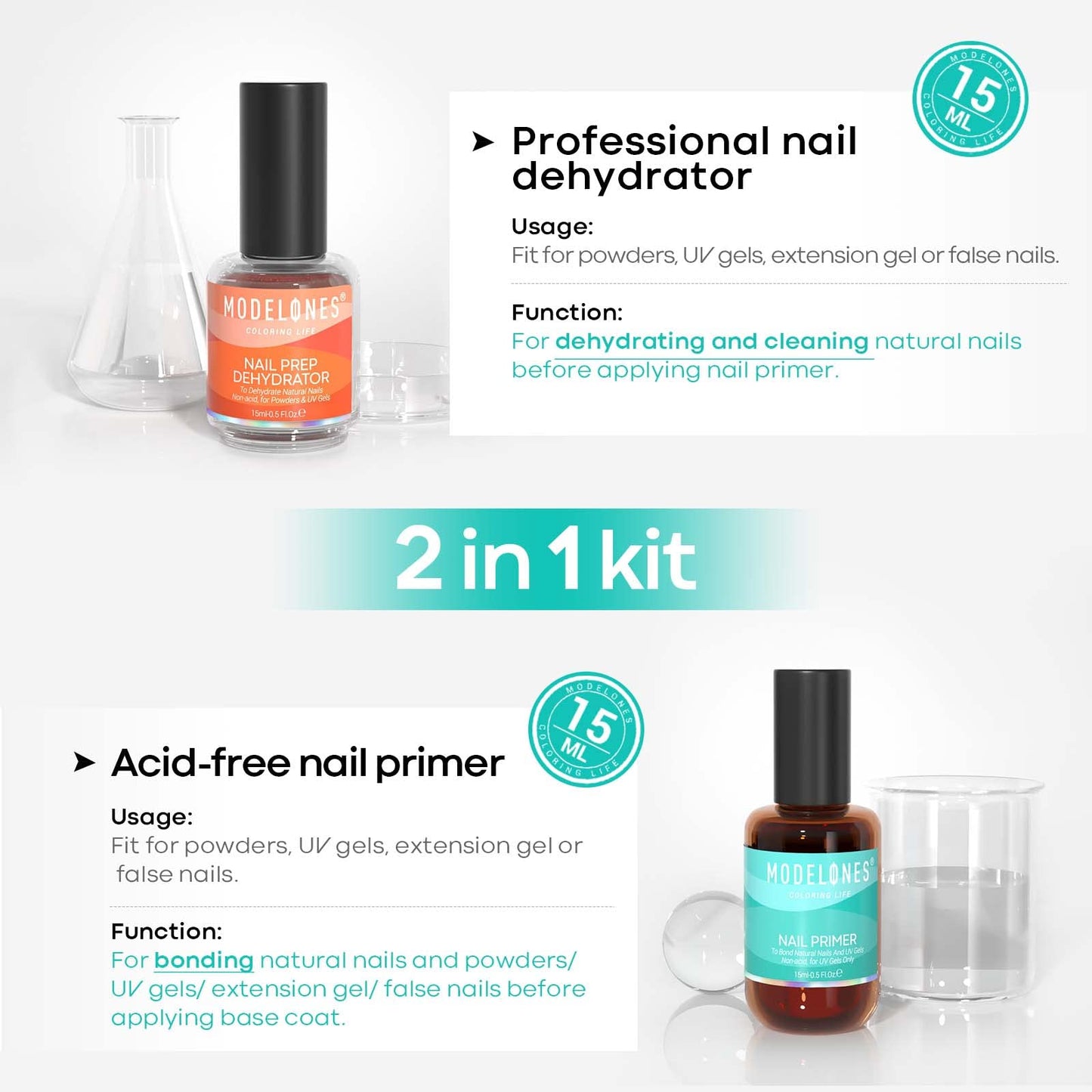 modelones Nail Dehydrator and Primer, Acid Free Natural Nail Prep Dehydrate & Bond Primer Kit, Acrylic Nail Supplies Primer Nail Tech Must Haves Set