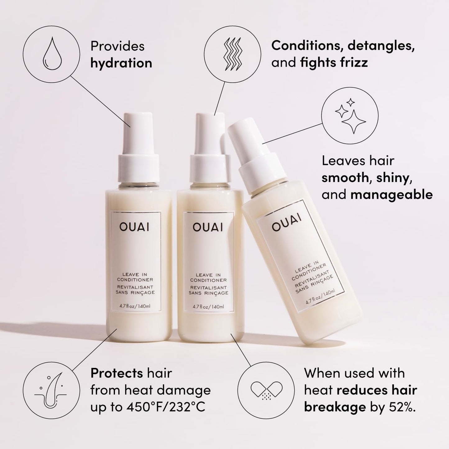 OUAI Leave In Conditioner & Heat Protectant Spray - Prime Hair for Style, Smooth Flyaways, Add Shine and Use as Detangling Spray - No Parabens, Sulfates or Phthalates (4.7 oz)