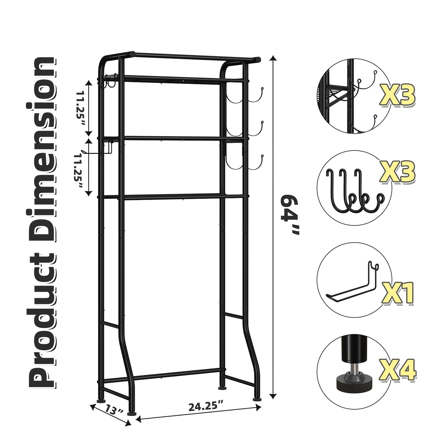 Over The Toilet Storage Rack, Metal 3 Tier Bathroom Organizer Shelf with Paper Holder and 3 Hooks, White