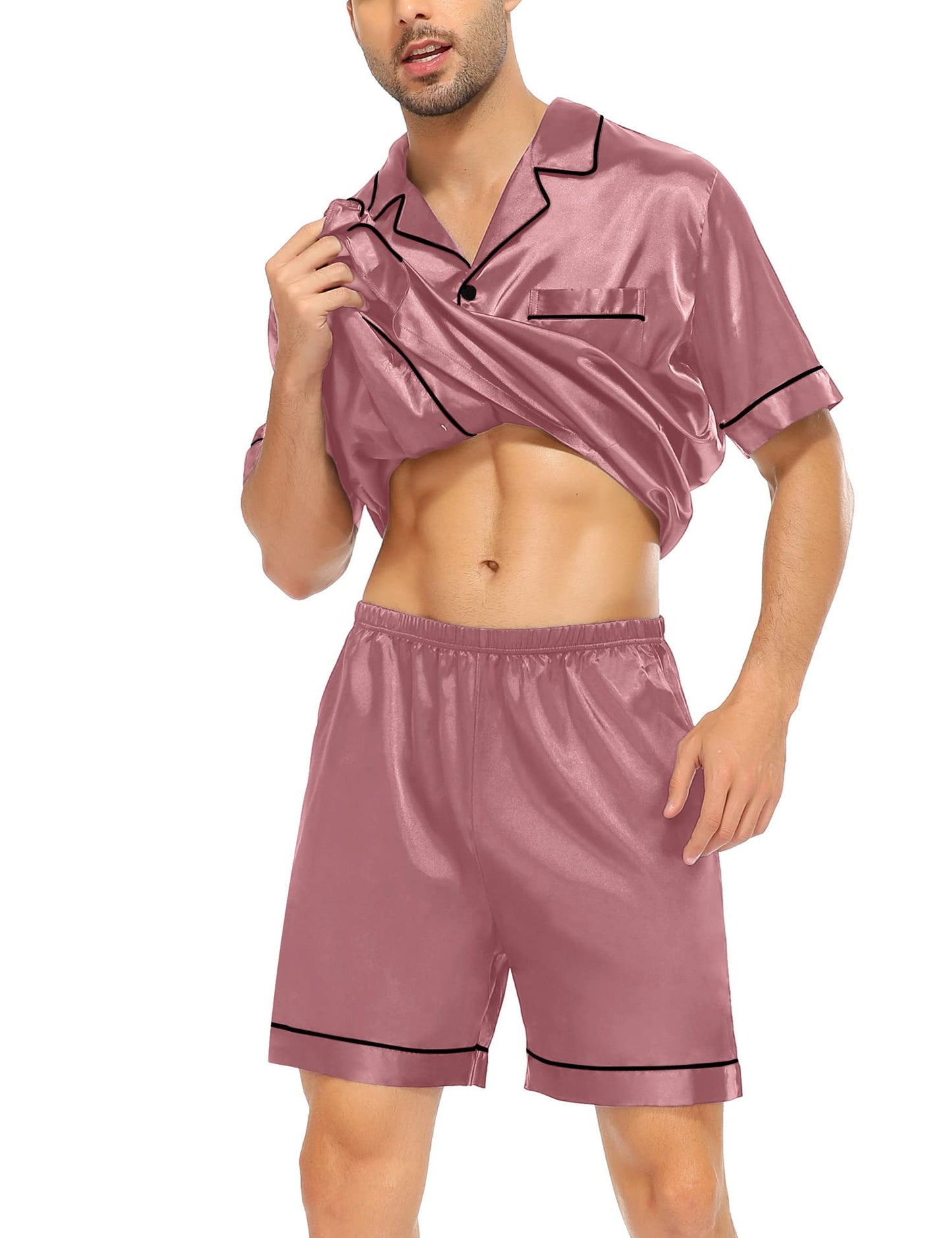 SWOMOG Satin Matching Pajamas Sets Couple Silk Button Down Nightwear Short Sleeve Sleepwear 2 Pieces Loungewear with Shorts