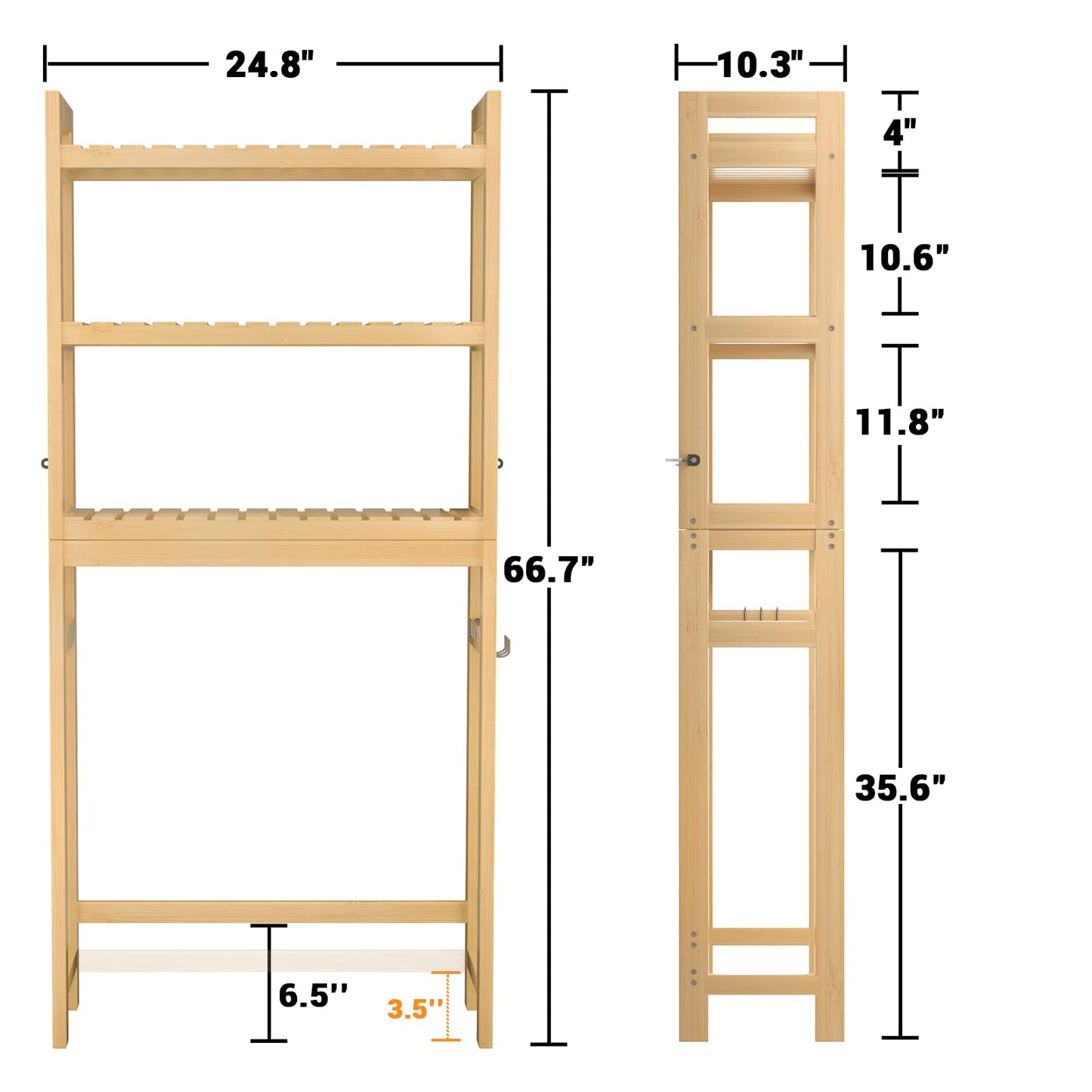 Homykic Over The Toilet Storage, Bamboo 3-Tier Over-The-Toilet Space Saver Organizer Rack, Stable Freestanding Above Toilet Stand with 3 Hooks for Bathroom, Restroom, Laundry, White