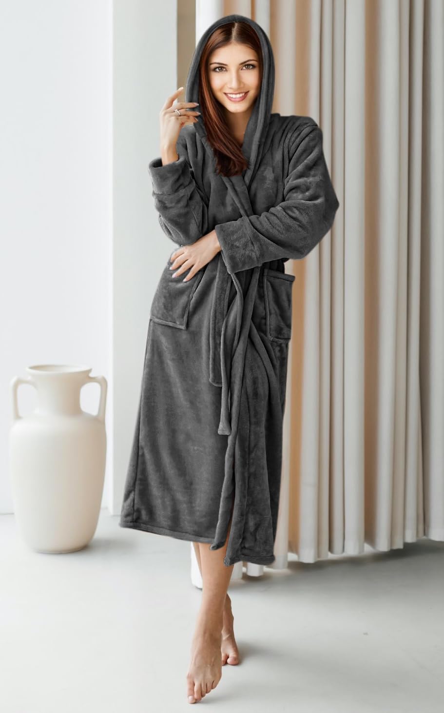 NY Threads Womens Fleece Hooded Bathrobe Plush Long Robe