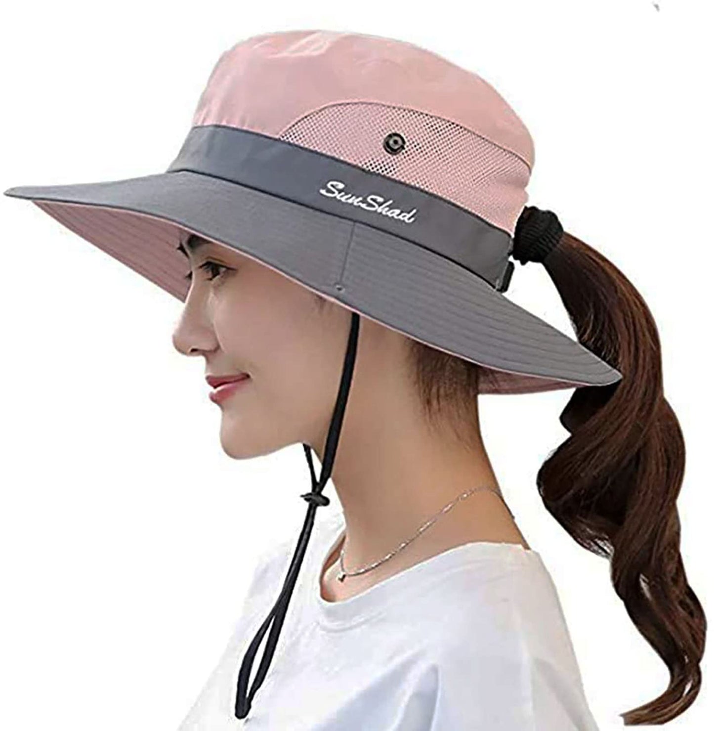 Women's Outdoor UV-Protection-Foldable Sun-Hats Mesh Wide-Brim Beach Fishing Hat with Ponytail-Hole