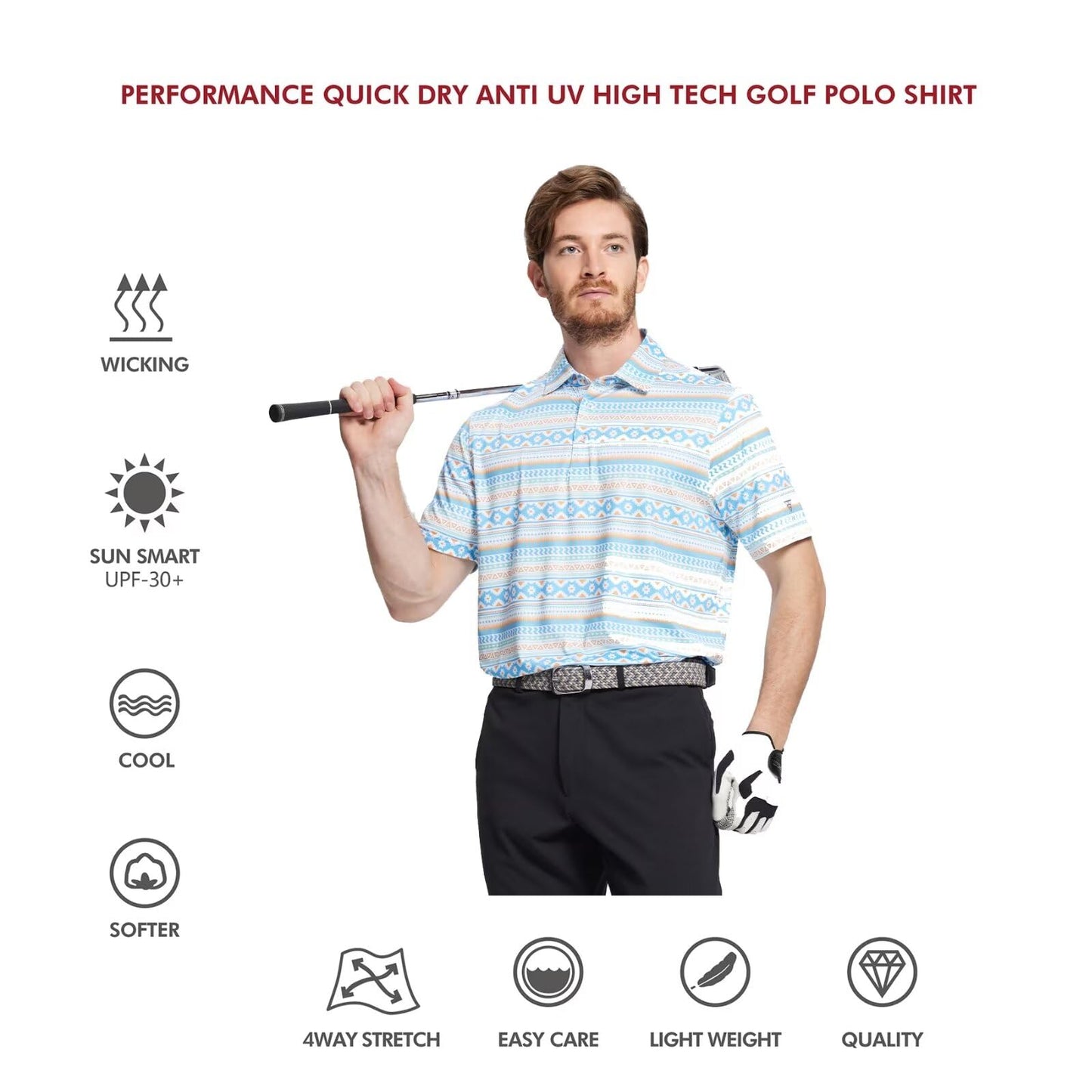 Men's Golf Polo Shirts Short Sleeve Striped Performance Moisture Wicking Dry Fit Golf Shirts for Men