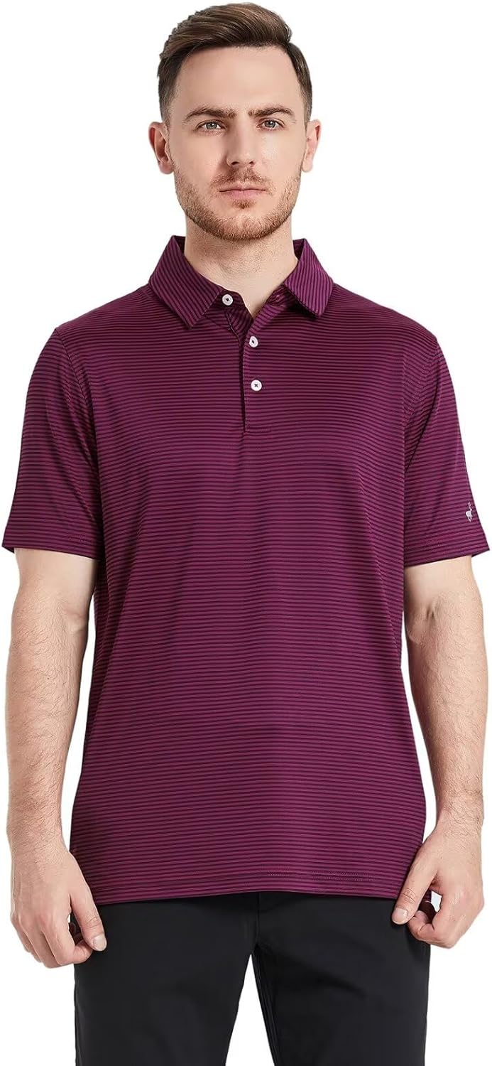 Men's Golf Polo Shirts Short Sleeve Striped Performance Moisture Wicking Dry Fit Golf Shirts for Men