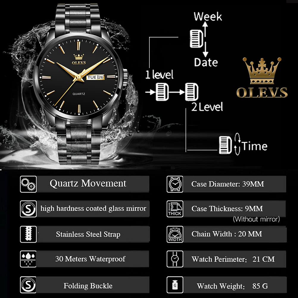 OLEVS Classic Men Watches with Date,Stainless Steel Man Watch with Date, Bussiness Watches for Men,Luminous Quartz Mens Watches Black/White/Blue/Gold, Waterproof Male Watch with Week