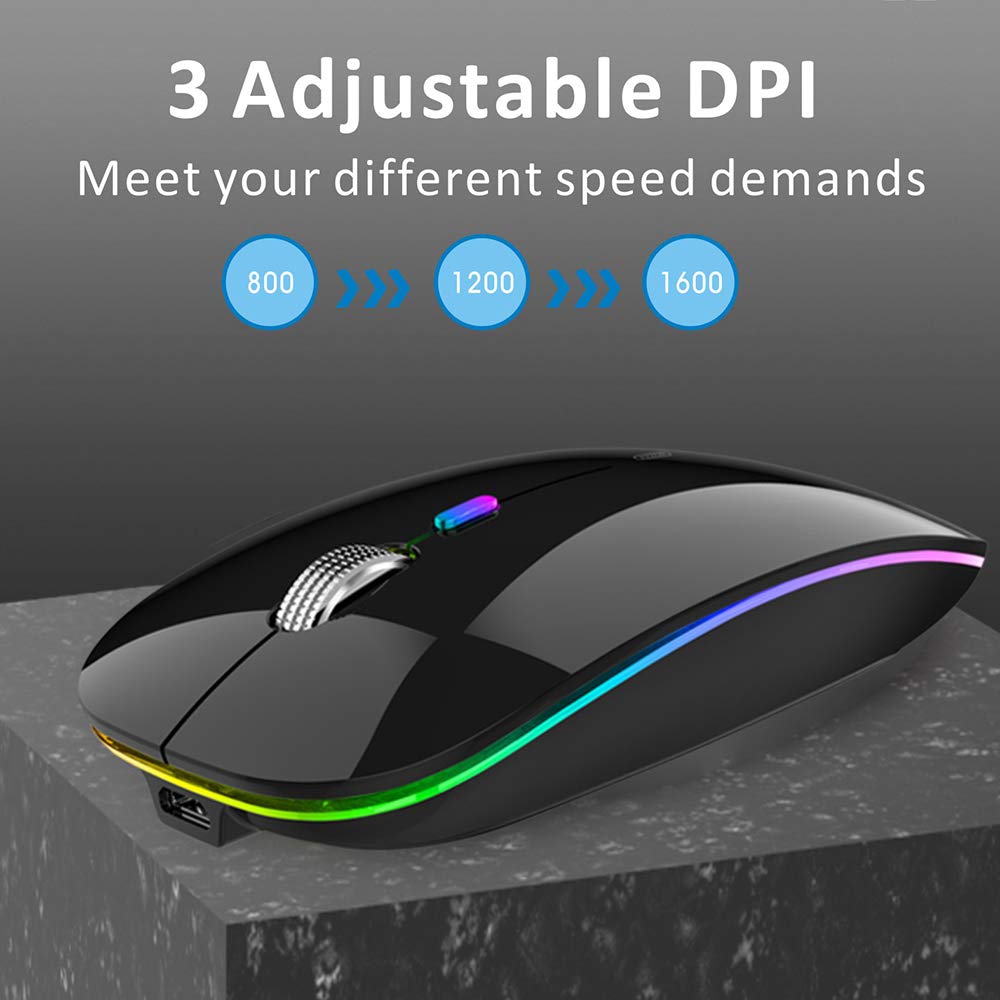 Uiosmuph LED Wireless Mouse, G12 Slim Rechargeable Silent Mouse, 2.4G Portable USB Optical Computer Mice with USB Receiver and Type C Adapter (Matte Black)