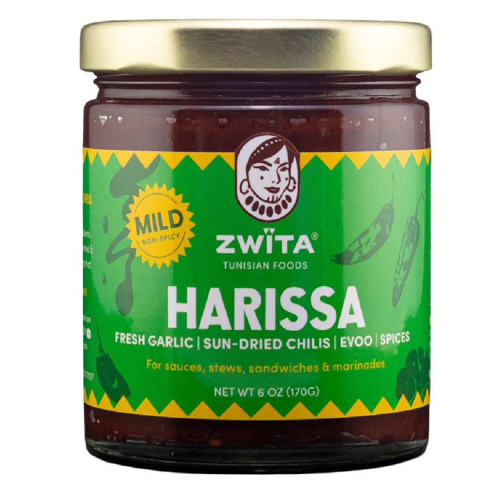 Zwita Mild Harissa 6oz | Tunisian Thick Sun Dried Chili Paste | NOT Spicy | Harissa Paste | Sun Dried Chilis, Fresh Garlic, Extra Virgin Olive Oil, Spices | Ancestral Recipe | 100% Grandma Approved | Amazing Flavor for your Soups, Stews, Sauces and Marina