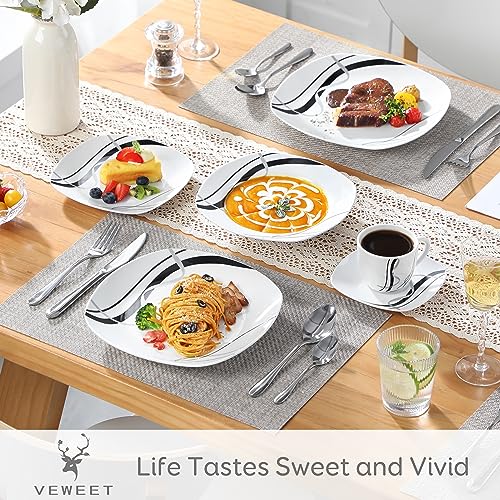 VEWEET, Series Annie, Porcelain Dinnerware Sets for 6, White Dish Set with Pink Floral, 30 PCS Dinner Sets Including Dinner Plates, Dessert Plates, Soup Plates Set, Cups & Saucers