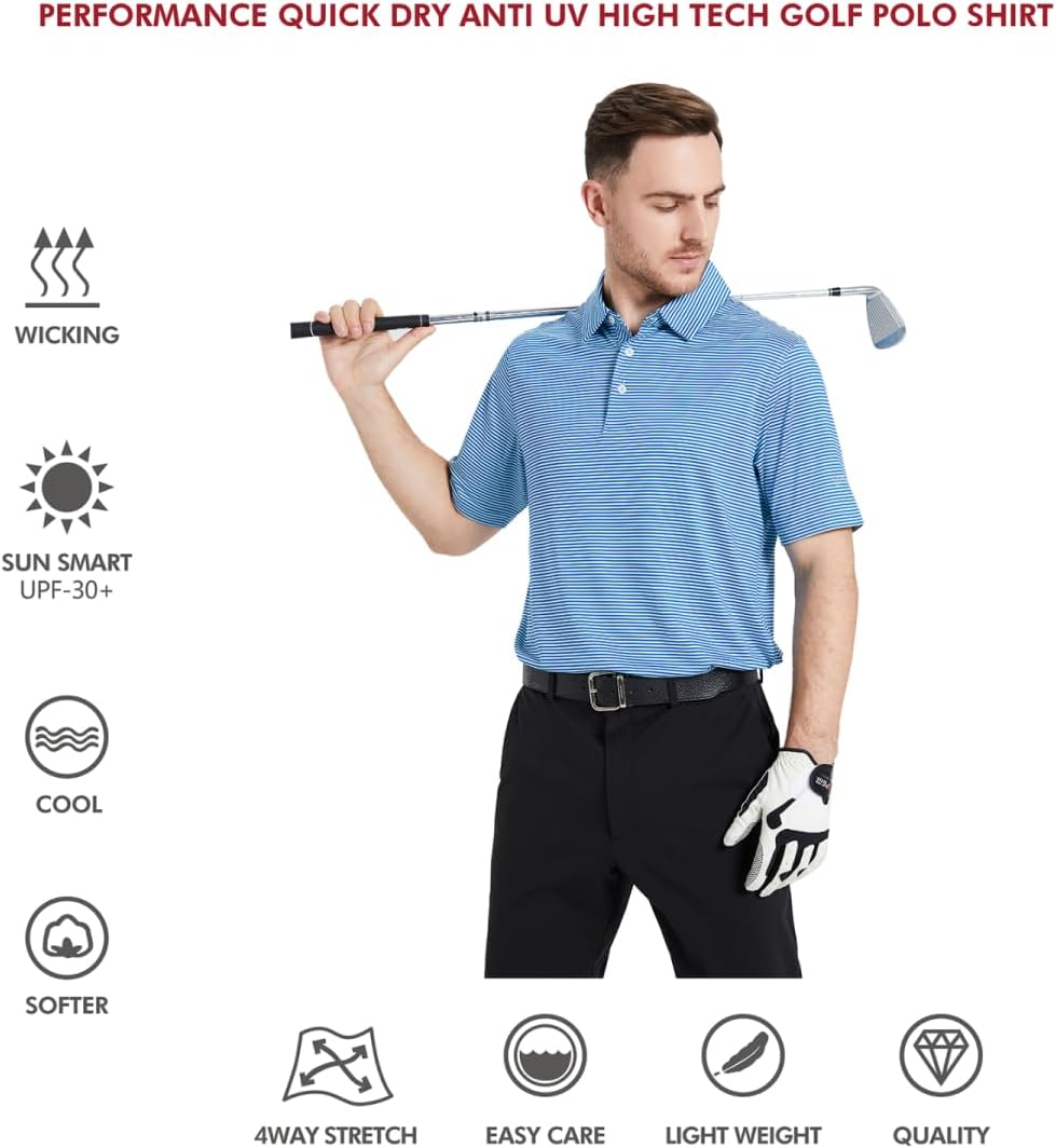 Men's Golf Polo Shirts Short Sleeve Striped Performance Moisture Wicking Dry Fit Golf Shirts for Men