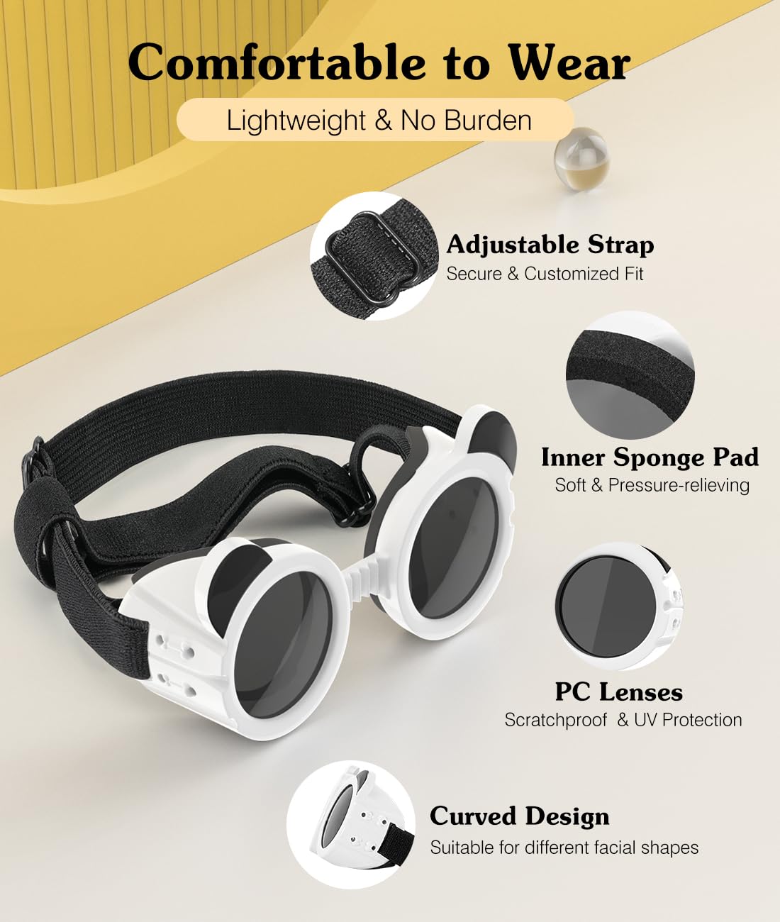 Small Dog Sunglasses UV Protection Goggles Eye Wear Protection with Adjustable Strap Doggy Panda Shape Anti-Fog Sunglasses for Pet Dogs Sun Glasses Doggie Windproof Glasses, White