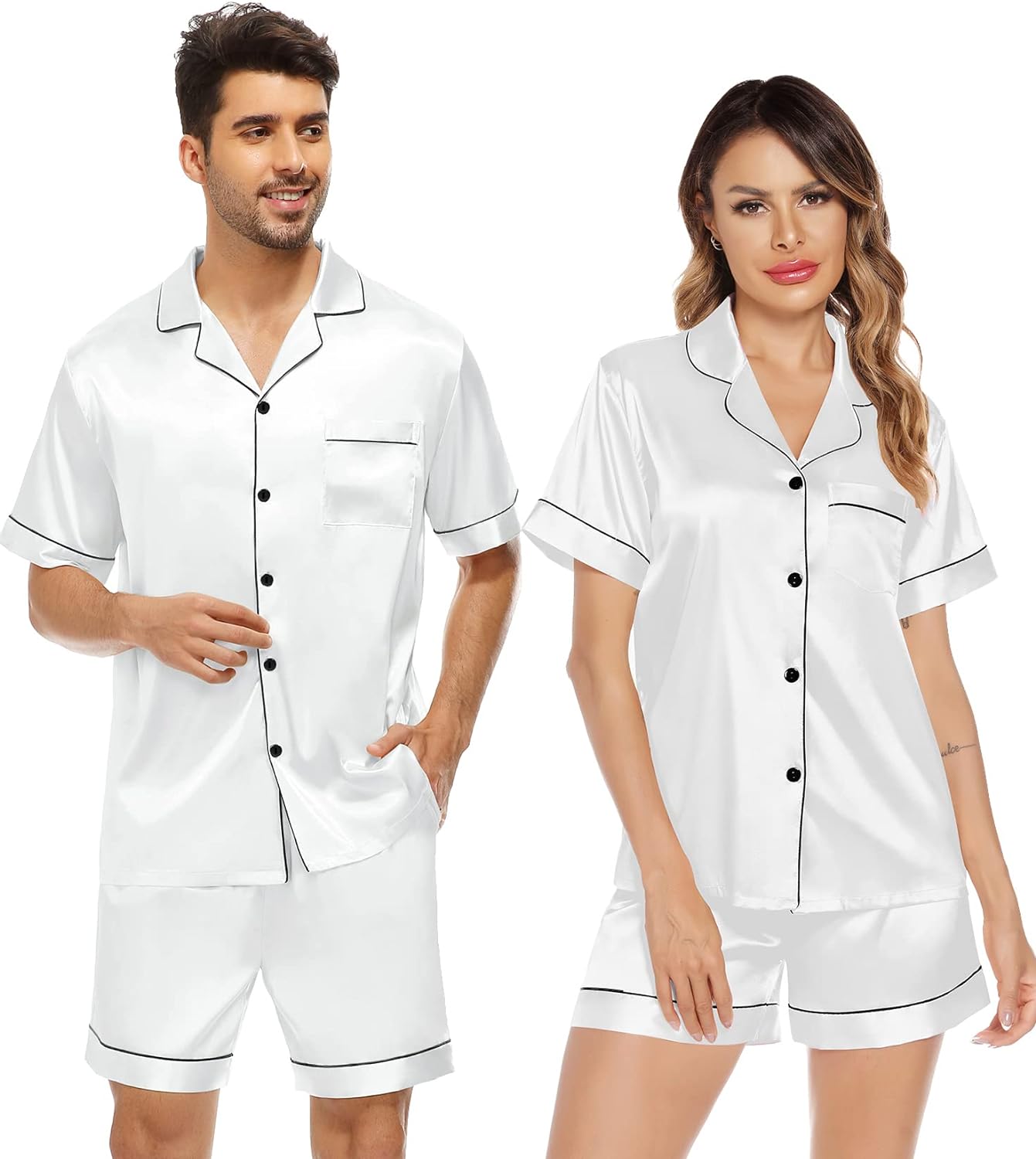 SWOMOG Satin Matching Pajamas Sets Couple Silk Button Down Nightwear Short Sleeve Sleepwear 2 Pieces Loungewear with Shorts