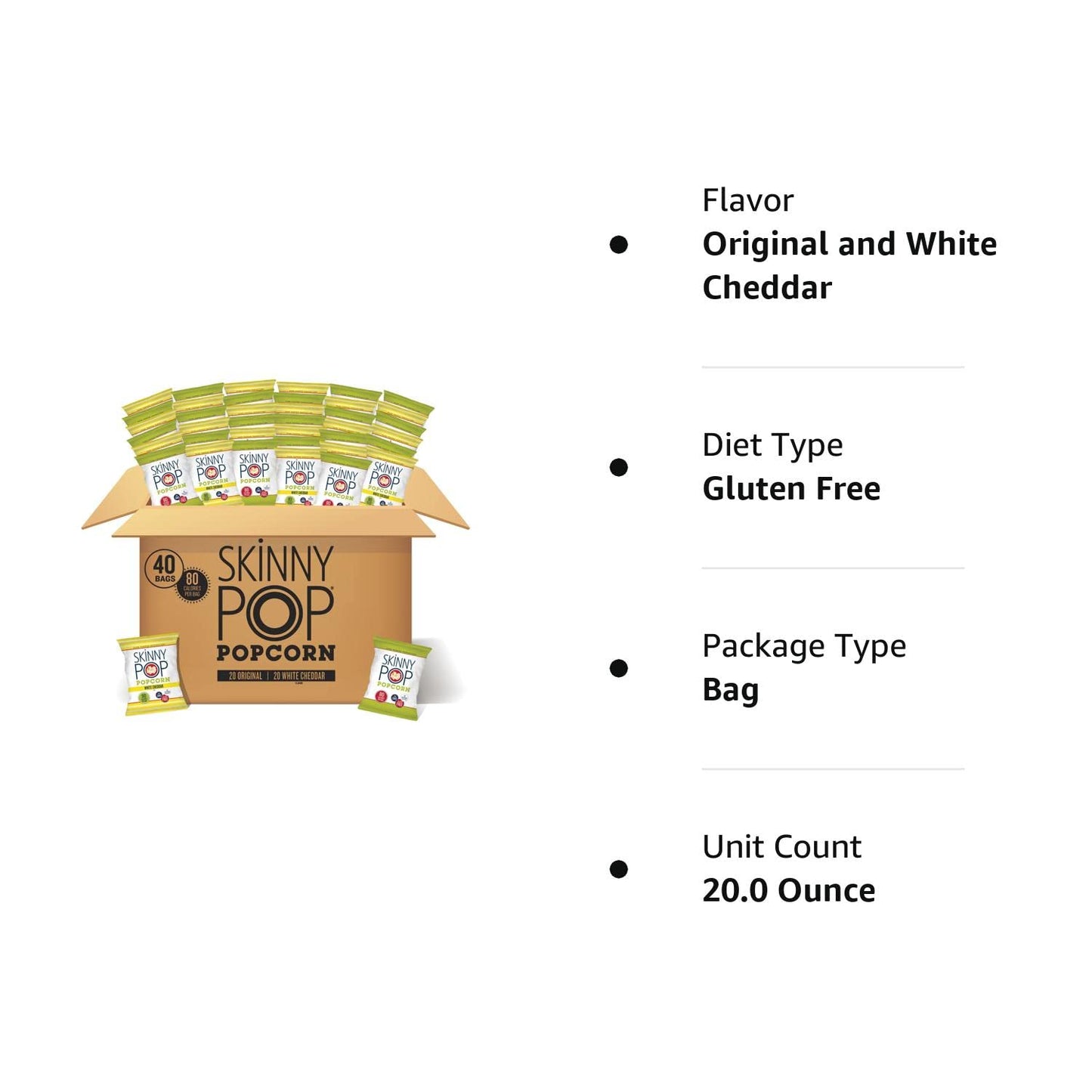 SkinnyPop Popcorn, Gluten Free, Non-GMO, Healthy Snacks, Skinny Pop Variety Pack (Original & Dairy Free White Cheddar Popcorn), 0.5oz Individual Size Snack Bags (40 Count)