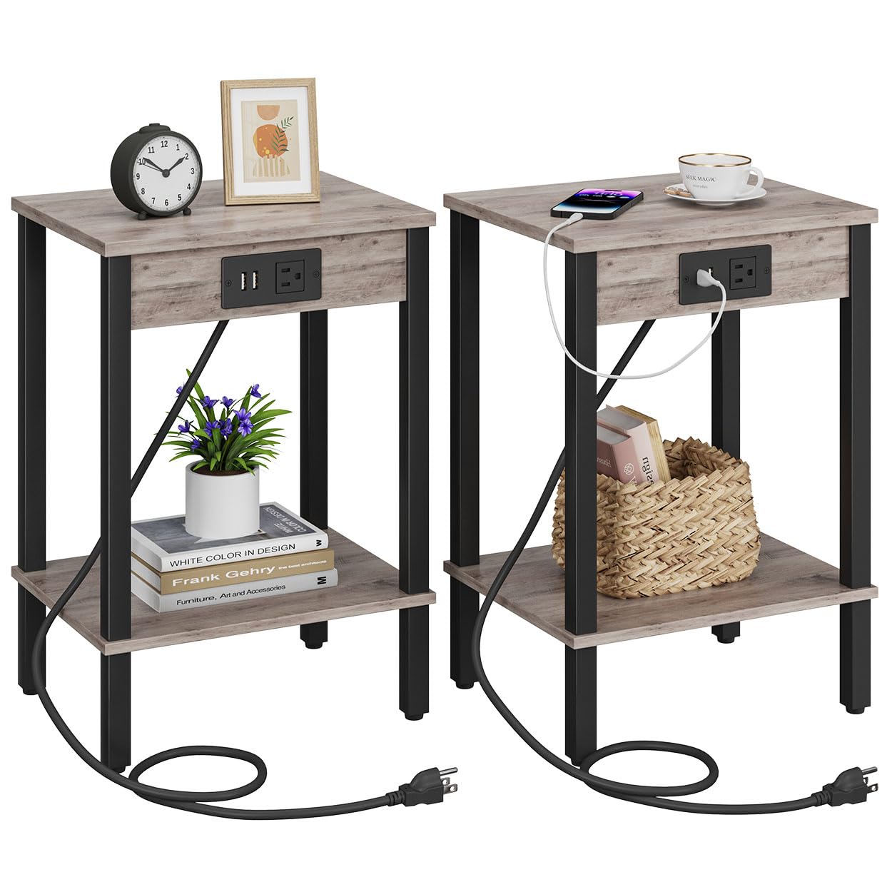 VIMBER Set of 2 End Table with Charging Station, Narrow Side Table with USB Ports and Outlets, Nightstands with 2-Tier Storage Shelves, Sofa Table for Small Space Living Room Bedroom, Grey