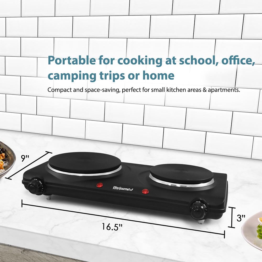 Elite Gourmet EDB-302BF# Countertop Double Cast Iron Burner, 1500 Watts Electric Hot Plate, Temperature Controls, Power Indicator Lights, Easy to Clean, Black