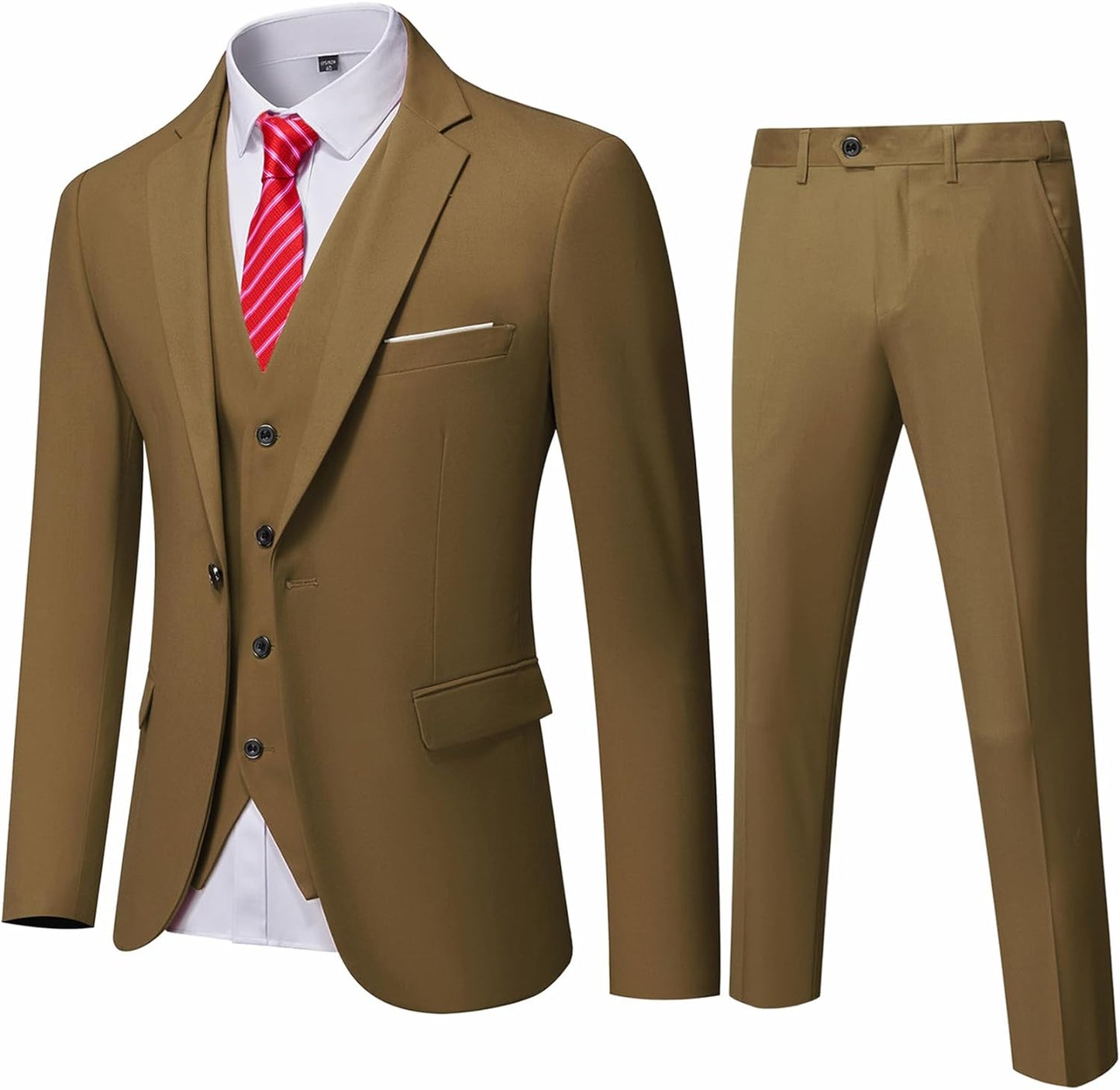 YND Men's Slim Fit 3 Piece Suit, One Button Solid Jacket Vest Pants Set with Tie