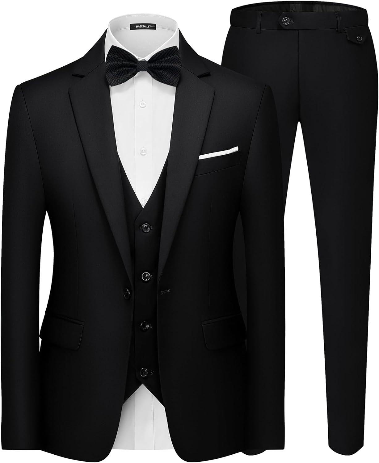 MAGE MALE Men's 3 Pieces Suit Elegant Solid One Button Slim Fit Single Breasted Party Blazer Vest Pants Set. Black