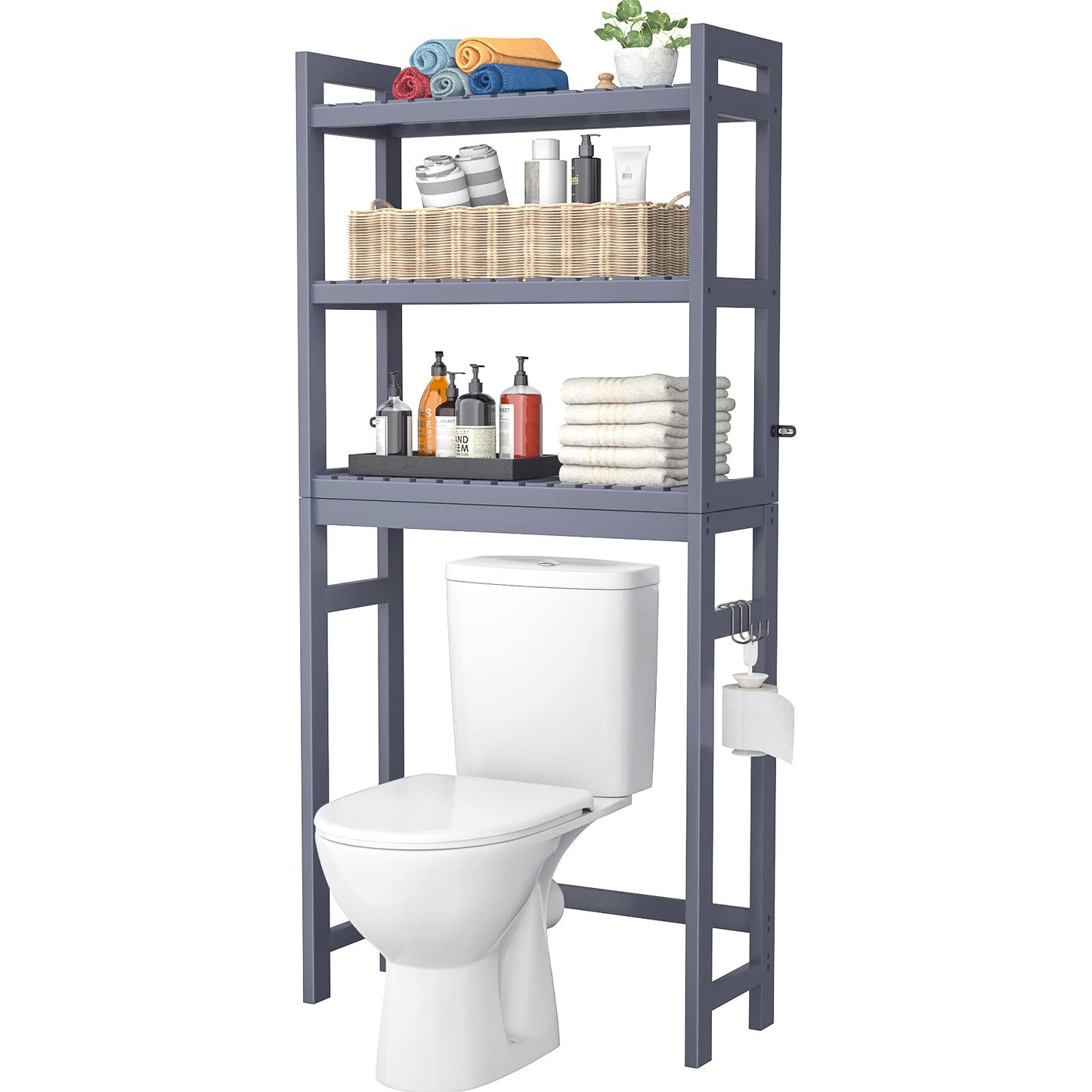 Homykic Over The Toilet Storage, Bamboo 3-Tier Over-The-Toilet Space Saver Organizer Rack, Stable Freestanding Above Toilet Stand with 3 Hooks for Bathroom, Restroom, Laundry, White