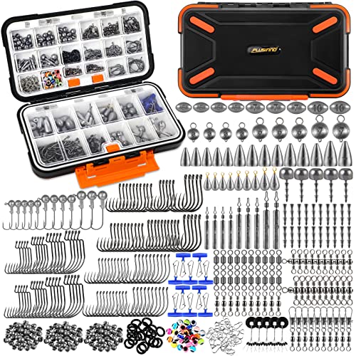 PLUSINNO 264/397pcs Fishing Accessories Kit, Organized Fishing Tackle Box with Tackle Included, Fishing Hooks, Fishing Weights Sinkers, Swivels, Beads, Fishing Gear Set Equipment for Bass Trout