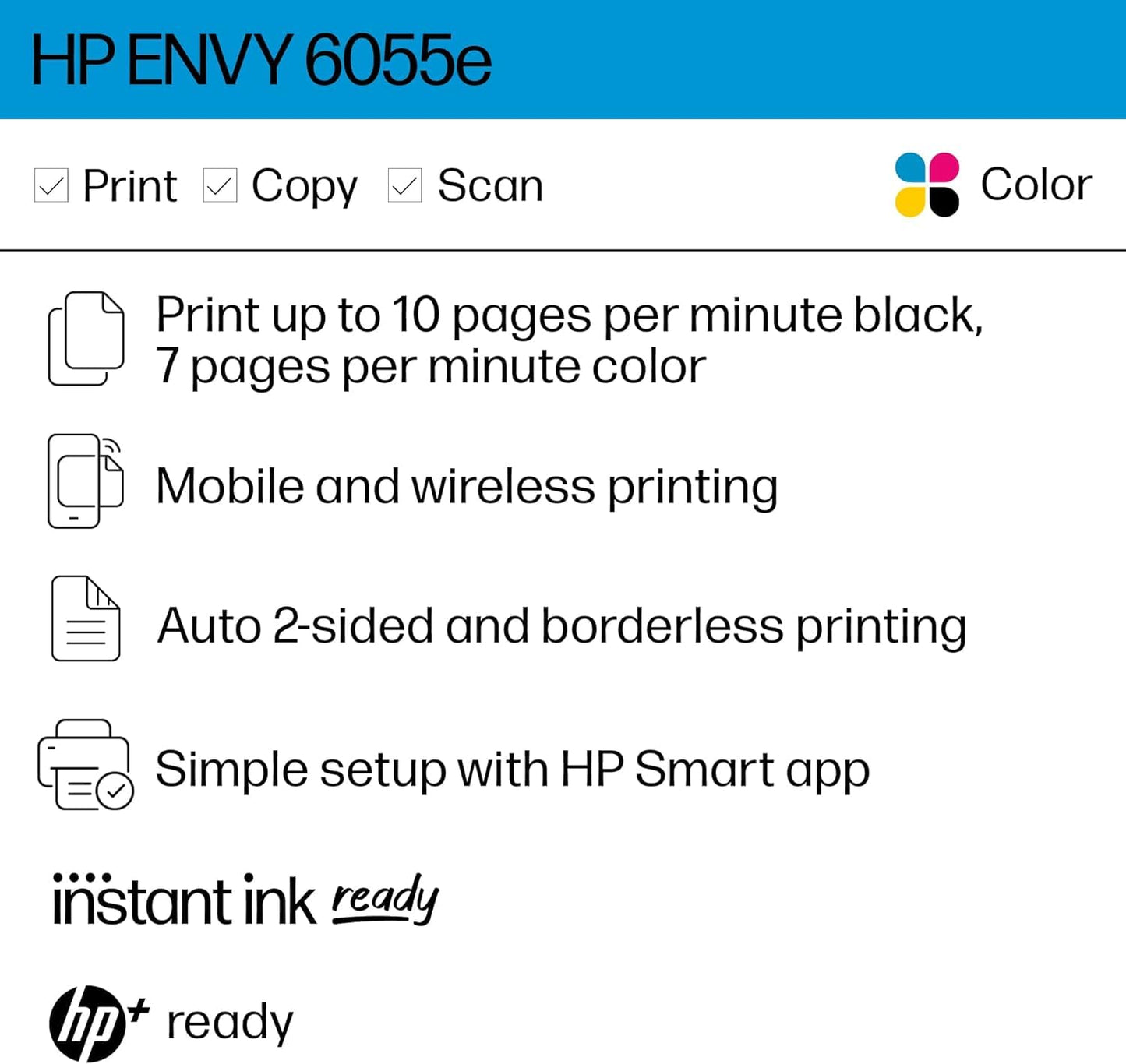 HP ENVY 6055e Wireless Color Inkjet Printer, Print, scan, copy, Easy setup, Mobile printing, Best-for-home, Instant Ink with HP+ (3 months included),white